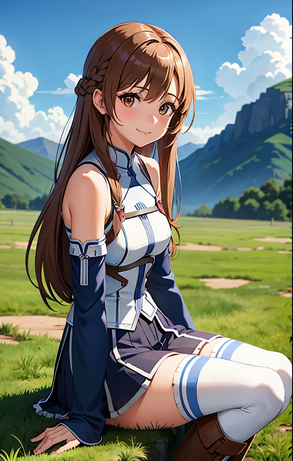 1girl, asuna_\(sao\), bangs, bare_shoulders, blue_sky, blush, boots, braid, breastplate, breasts, brown_eyes, closed_mouth, cloud, cloudy_sky, day, detached_sleeves, grass, hair_between_eyes, long_hair, looking_at_viewer, mountain, outdoors, rock, sitting, skirt, sky, smile, solo, thighhighs, very_long_hair, big 