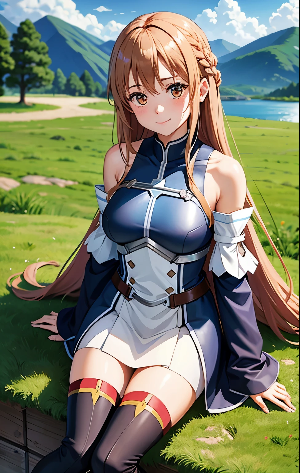 1girl, asuna_\(sao\), bangs, bare_shoulders, blue_sky, blush, boots, braid, breastplate, breasts, brown_eyes, closed_mouth, cloud, cloudy_sky, day, detached_sleeves, grass, hair_between_eyes, long_hair, looking_at_viewer, mountain, outdoors, rock, sitting, skirt, sky, smile, solo, thighhighs, very_long_hair, big 