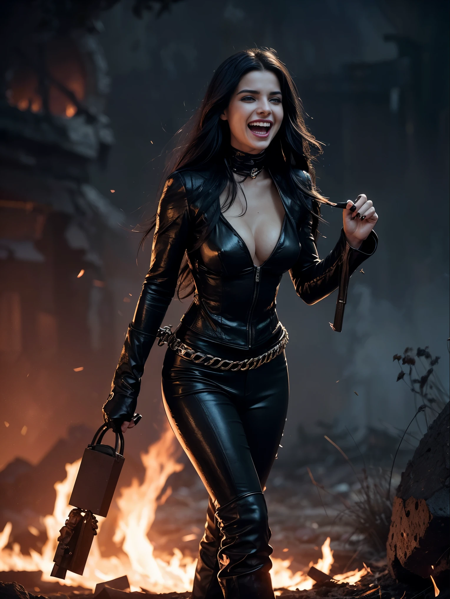 An ultra hot gorgeous European woman, age 23, she’s the Death (laughing out loud:1.3), black hair (and a lock of white hair:1.2).her hands are burning with fire. she’s walking on a ground full of skeletons and skulls after a disaster.smoke, flames, explosions. Dramatic cinematic light. Smoke, flames.cleavage