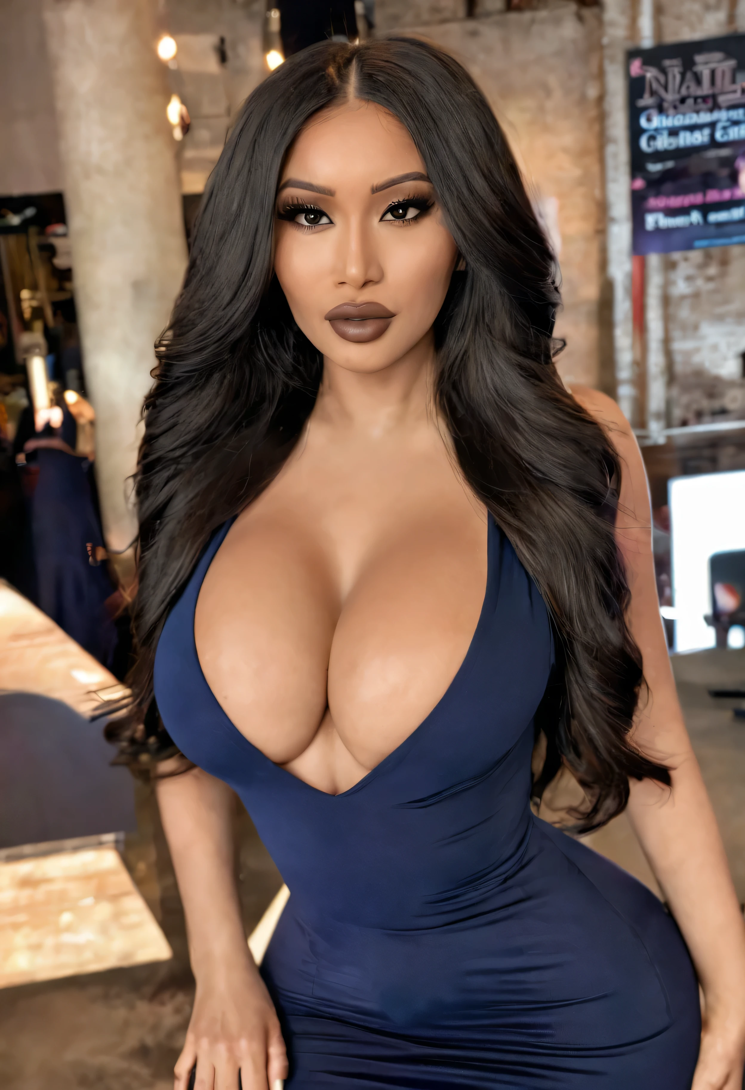 JanetGuzman, breasts, black hair, dress, long hair, large breasts, solo, lips, plunging neckline, short dress, black nails, looking at viewer, breasts apart, nail polish, cleavage, realistic, brown eyes, dark skin, no bra, parted lips