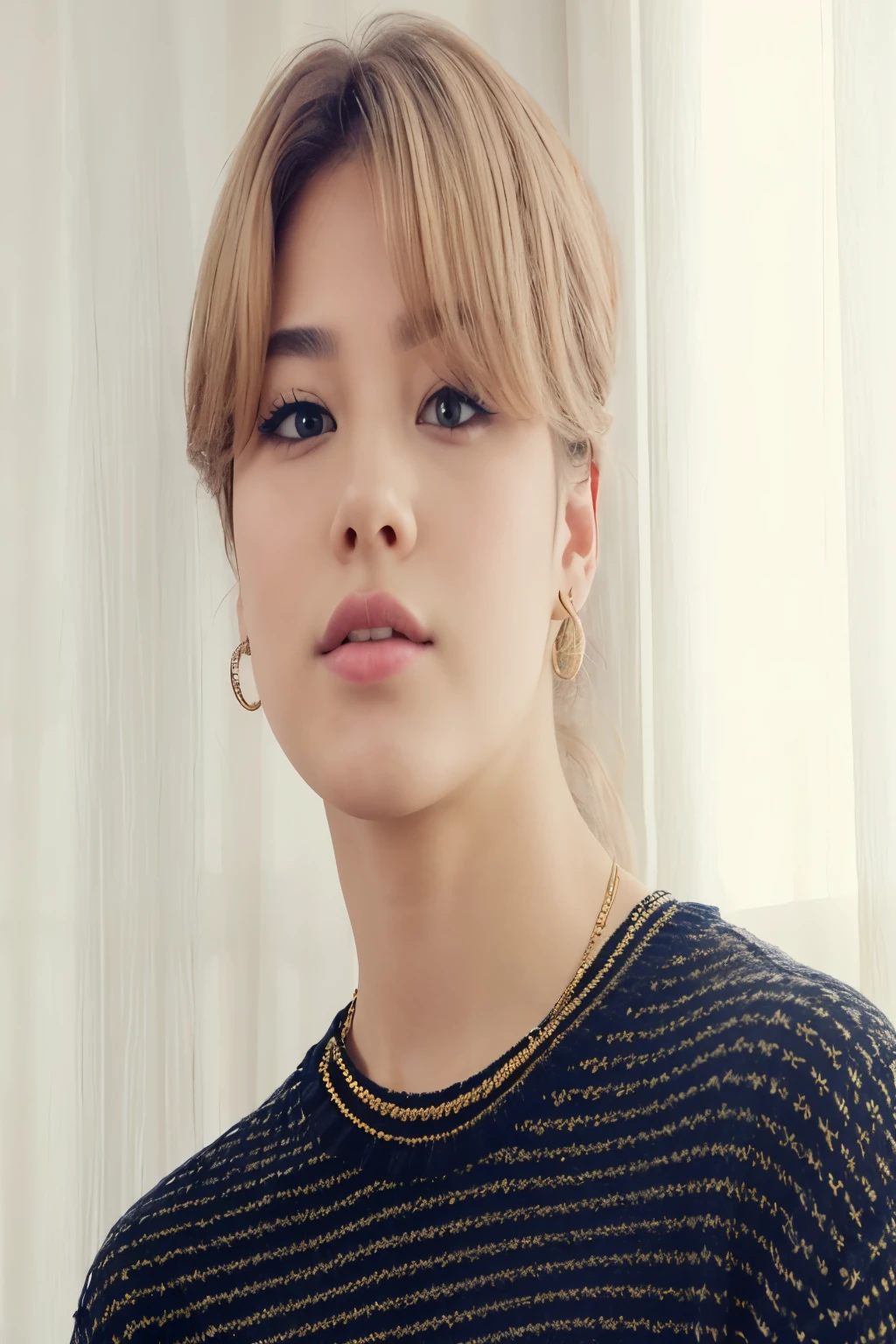 a closeup of a person wearing a black and gold sweater, Jimin\los labios carnosos, park Jimin, Jimin, Jimin\la nariz griega, Jimin\his right eyelid is swollen, accurate Jimin face, , kpop idol portrait, 