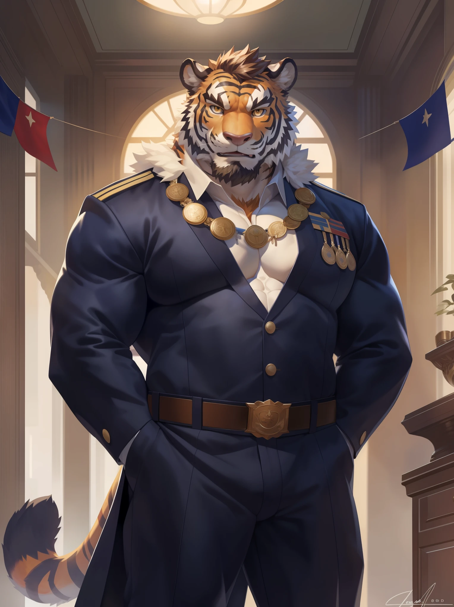 solo,anthro,furry,furry male, Tiger, ((fluffy fur,fluffy,furry body)), elder, older male, aged, (orange fur, tiger print), (orange body), yellow eyes, black stripes, tiger tail, thick eyebrows, big male, detailed fluffy fur, white jacket, detailed face, detailed eyes, facial hair, beard, mustache, scars, armored, (war pins), huge pectorals, medals, dark brown hair, comb over, black slack pants, decorative captain coat, white jacket, decorative belt, gold trimmings, military, short brown hair, coat, decorative sword, full body, claws, fantasy grand war room, (by null-ghost,by raccoon21, masterpiece, high quality,hi-res,8k had), standing,close-view portrait, looking at viewer, indoor, lights, serious expression, angry, dark shadows, banners, pose, carpet, flag, arms behind back,