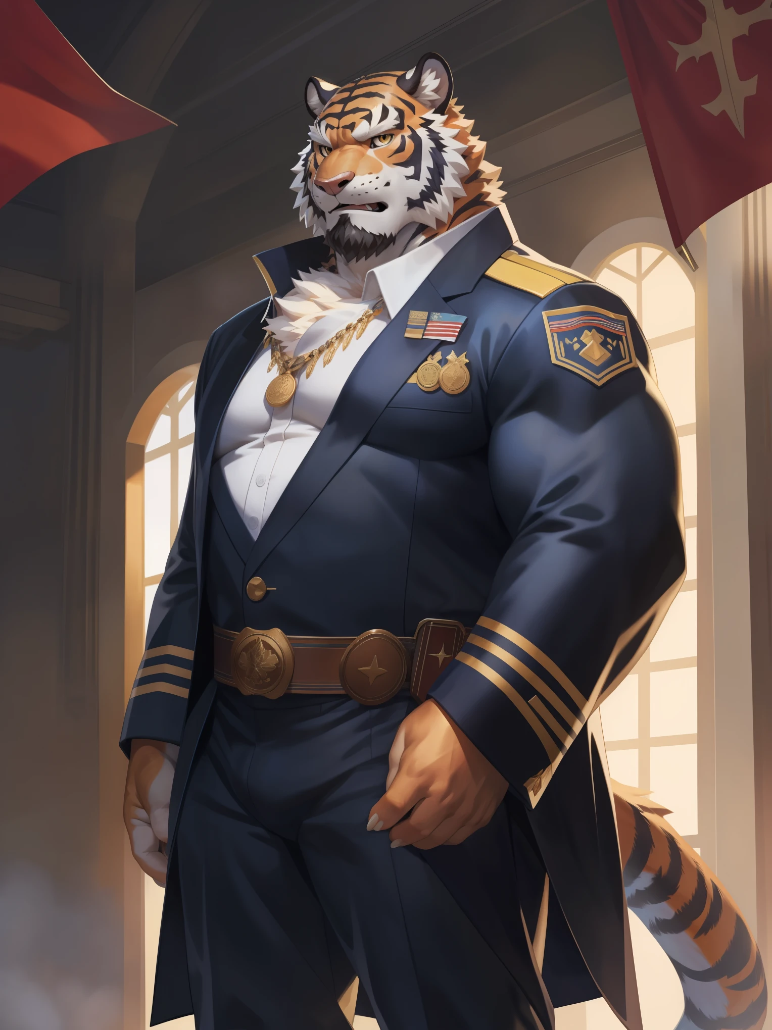 solo,anthro,furry,furry male, Tiger, ((fluffy fur,fluffy,furry body)), elder, older male, aged, (orange fur, tiger print), (orange body), yellow eyes, black stripes, tiger tail, thick eyebrows, big male, detailed fluffy fur, white jacket, detailed face, detailed eyes, facial hair, beard, mustache, scars, armored, (war pins), huge pectorals, medals, dark brown hair, comb over, black slack pants, decorative captain coat, white jacket, decorative belt, gold trimmings, military, short brown hair, coat, decorative sword, full body, claws, fantasy grand war room, (by null-ghost,by raccoon21, masterpiece, high quality,hi-res,8k had), standing,close-view portrait, looking at viewer, indoor, lights, serious expression, angry, dark shadows, banners, pose, carpet, flag, arms behind back,
