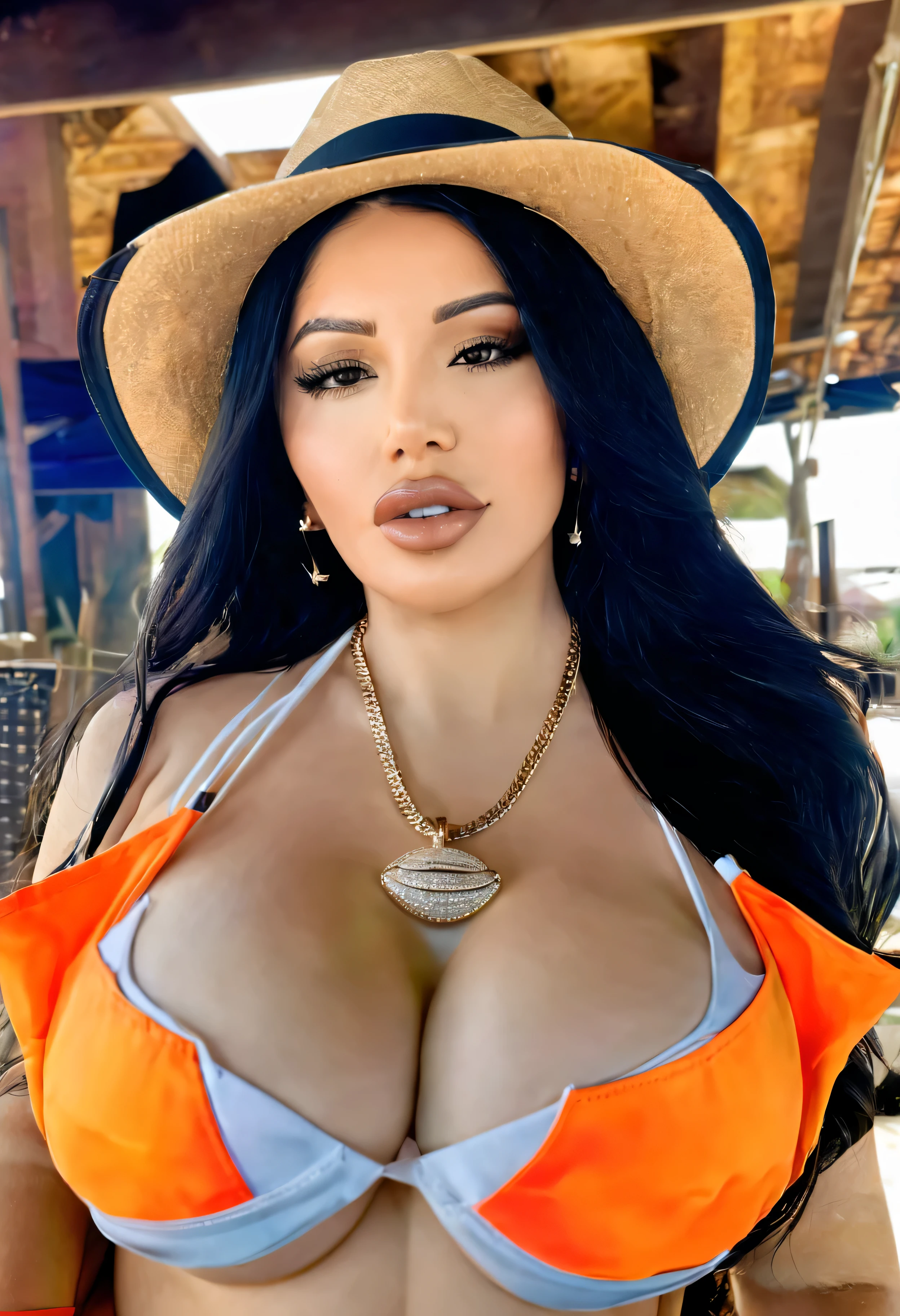 JanetGuzman, breasts, solo, hat, swimsuit, bikini, lips, black hair, long hair, large breasts, realistic, cleavage, parted lips, necklace, jewelry, looking at viewer, underboob, upper body