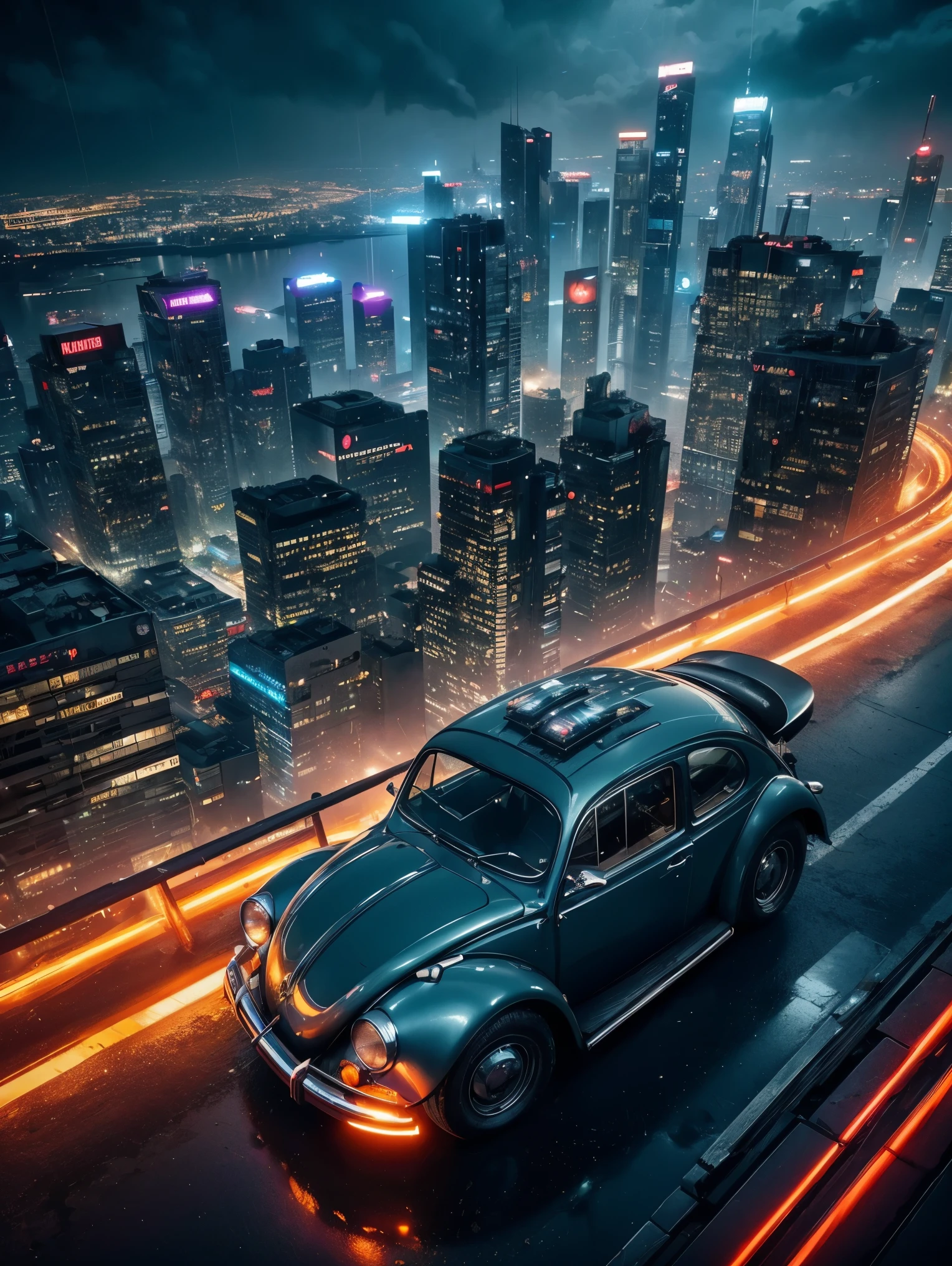 From above, A 1974 vw beetle with a jet engine flying Over a cyberpunk city. Neon, rain, led, blade runner world. Dramatic cinematic light futuristic city, epic realism , masterpiece, UHD