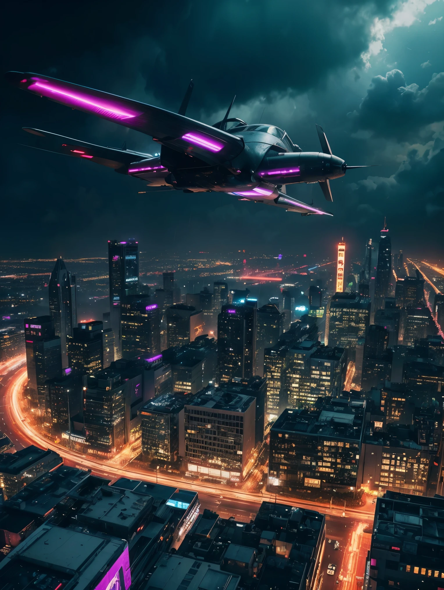 From above, A 1974 vw beetle with a jet engine flying Over a cyberpunk city. Neon, rain, led, blade runner world. Dramatic cinematic light futuristic city, epic realism , masterpiece, UHD