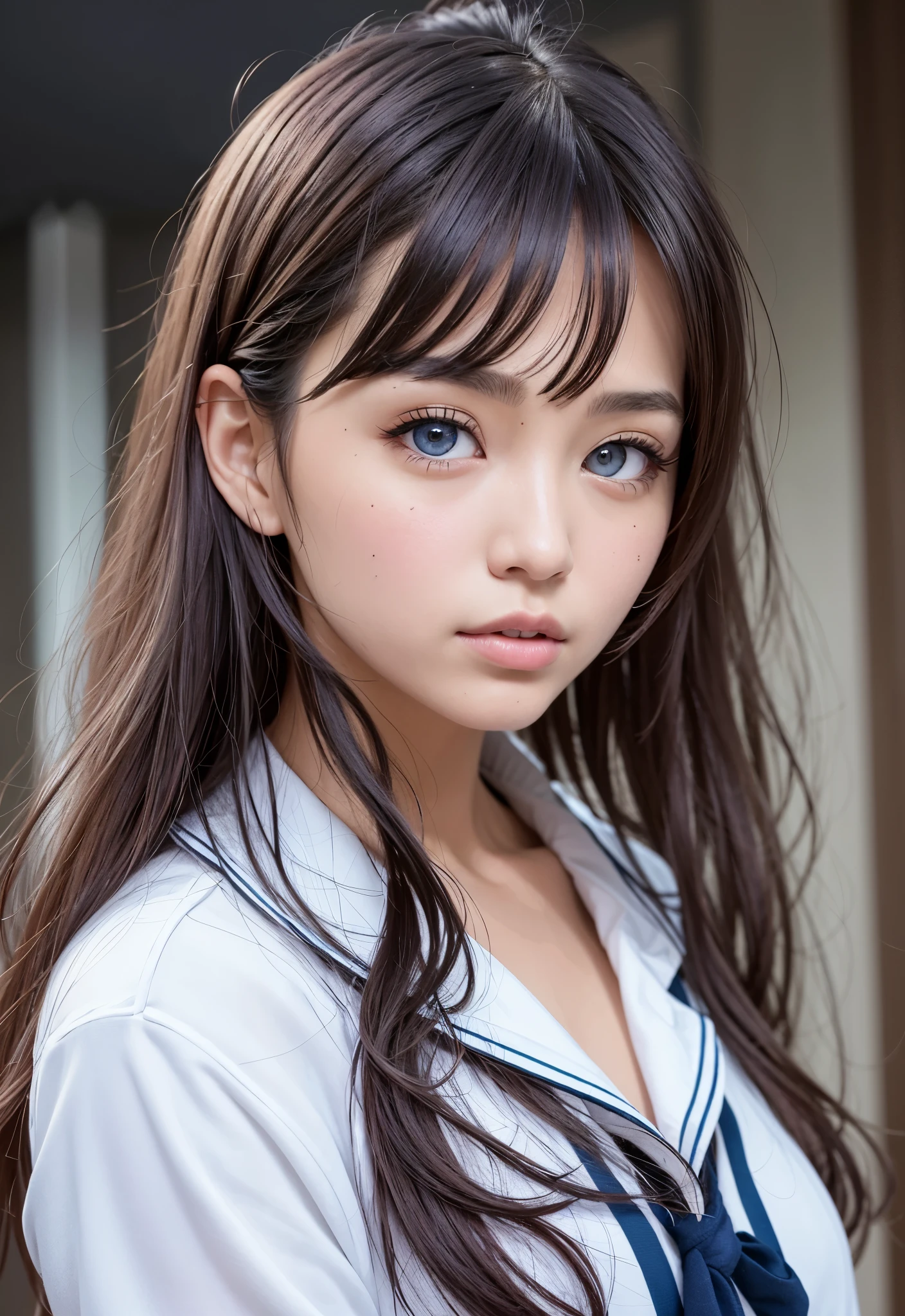 sailor suit、school uniform、A beautiful girl in the world、shiny glossy skin、sparkle on the cheeks、bangs between the eyes、光沢のあるシルクと非常に長くてまっすぐなbeautiful天然ブロンド、eyeliner、Sexy and beautiful 35 years old、High resolution, big, beautiful, bright light blue eyes、Beautiful and bright girl、sharp、