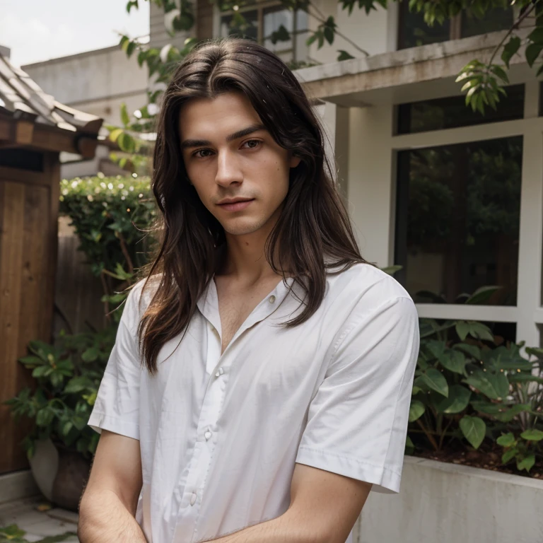 photo of a stunningly handsome thin man 20 years old, green eyes, long hair, black hair, full height, in a white shirt, photorealistic, Best quality, detailed, 8K, HDR, cinematic lighting, Sharp Focus, short hair, looks at the camera, Happy, on a exterior background, spiritual