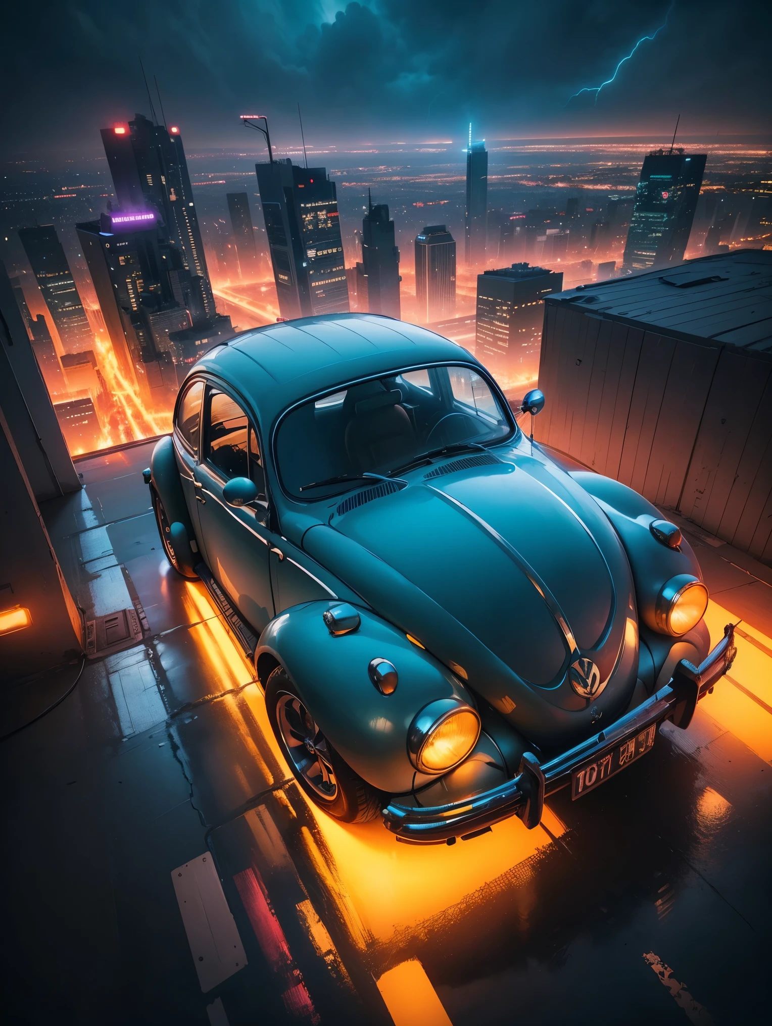 From above, A 1974 vw beetle with a jet engine flying Over a cyberpunk city. Neon, rain, led, blade runner world. Dramatic cinematic light futuristic city, epic realism , masterpiece, UHD