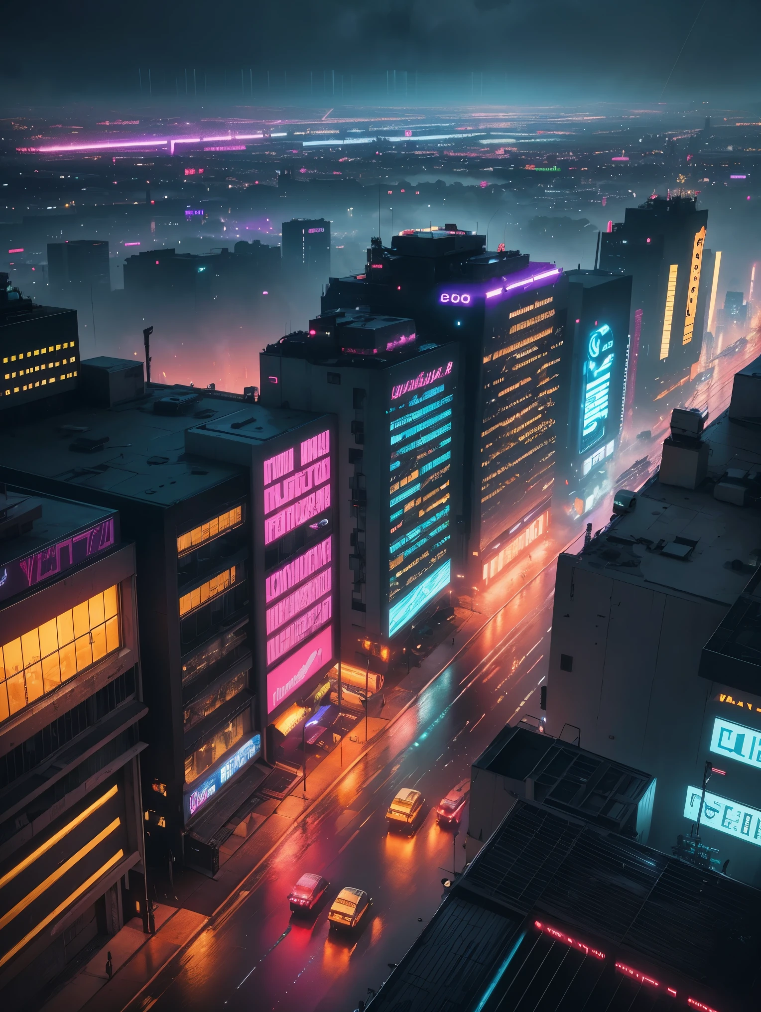 From above, A 1974 vw beetle with a jet engine flying Over a cyberpunk city. Neon, rain, led, blade runner world. Dramatic cinematic light futuristic city, epic realism , masterpiece, UHD