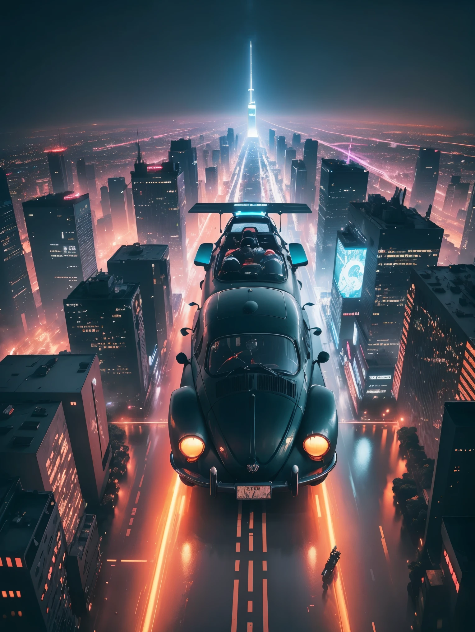 From above, A 1974 vw beetle with a jet engine flying Over a cyberpunk city. Neon, rain, led, blade runner world. Dramatic cinematic light futuristic city, epic realism , masterpiece, UHD