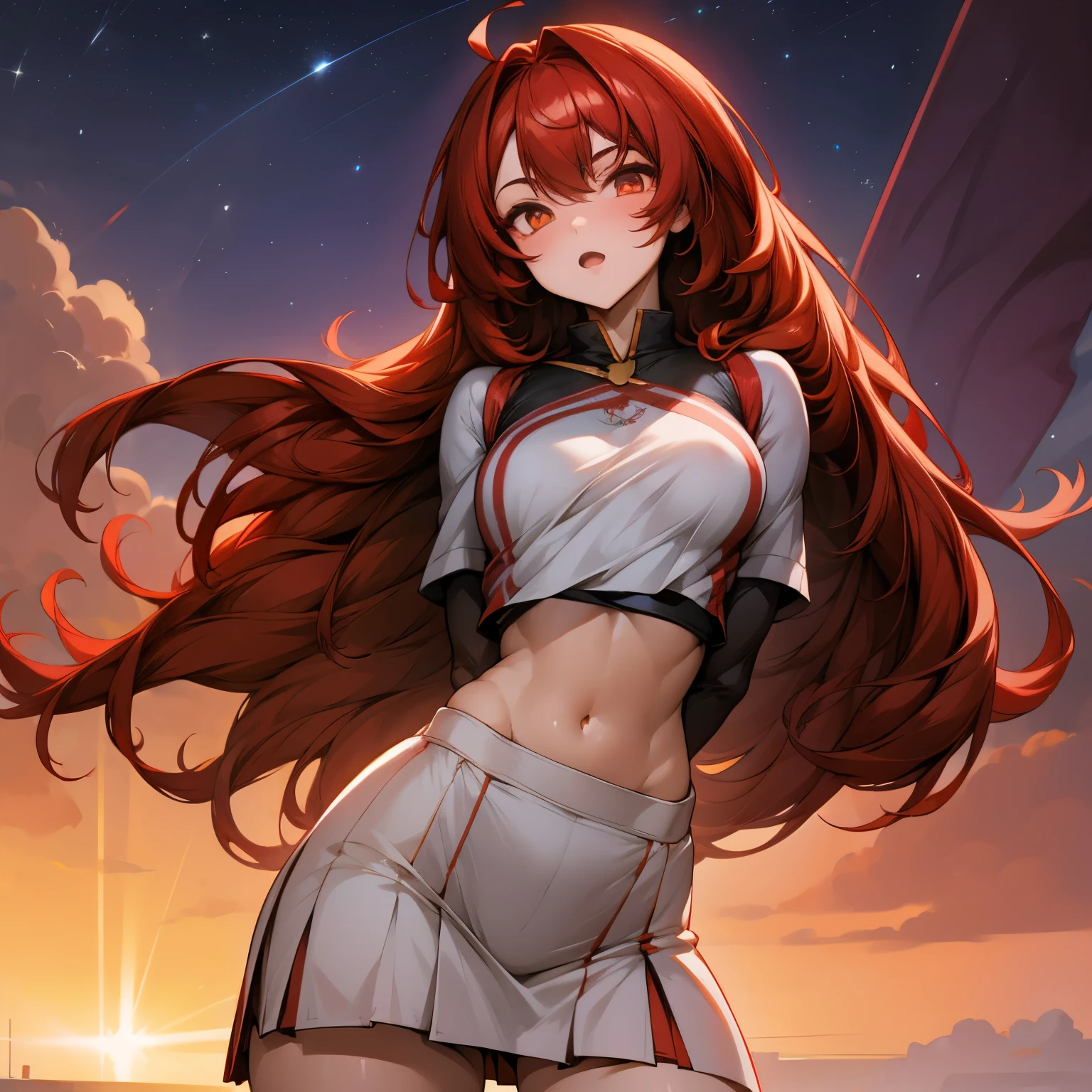 Anime girl, 1 anime girl, black and red hair, golden eyes, golden pupils, glowing eyes, thick hair, blown by the wind, crop top, skirt, blush, sunlight, starlight, stars, night, School sports field landscape, white skin, red and white sport outfit, beautiful, happy pose