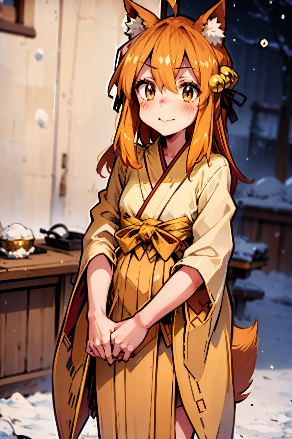 Masterpiece, best quality, perfect lighting, 1girl, solo, suzu, fox ears, fox tail, brown eyes, orange hair, yellow miko kimono, bell hair ornament, medium hair, ahoge, hair between eyes, standing, smile, winter, snow, nighttime, snowing, looking at viewer, (cold breath:1.4), (jitome:1),, standing, flipflops, full body