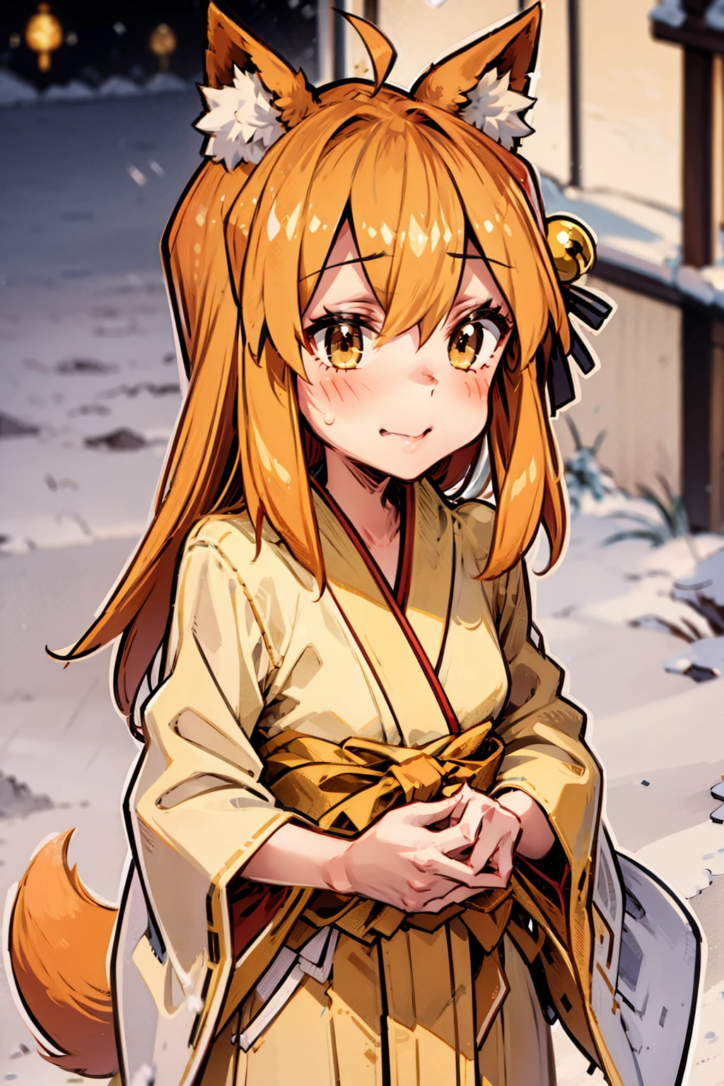 Masterpiece, best quality, perfect lighting, 1girl, solo, suzu, fox ears, fox tail, brown eyes, orange hair, yellow miko kimono, bell hair ornament, medium hair, ahoge, hair between eyes, standing, smile, winter, snow, nighttime, snowing, looking at viewer, (cold breath:1.4), (jitome:1),, standing, flipflops, full body