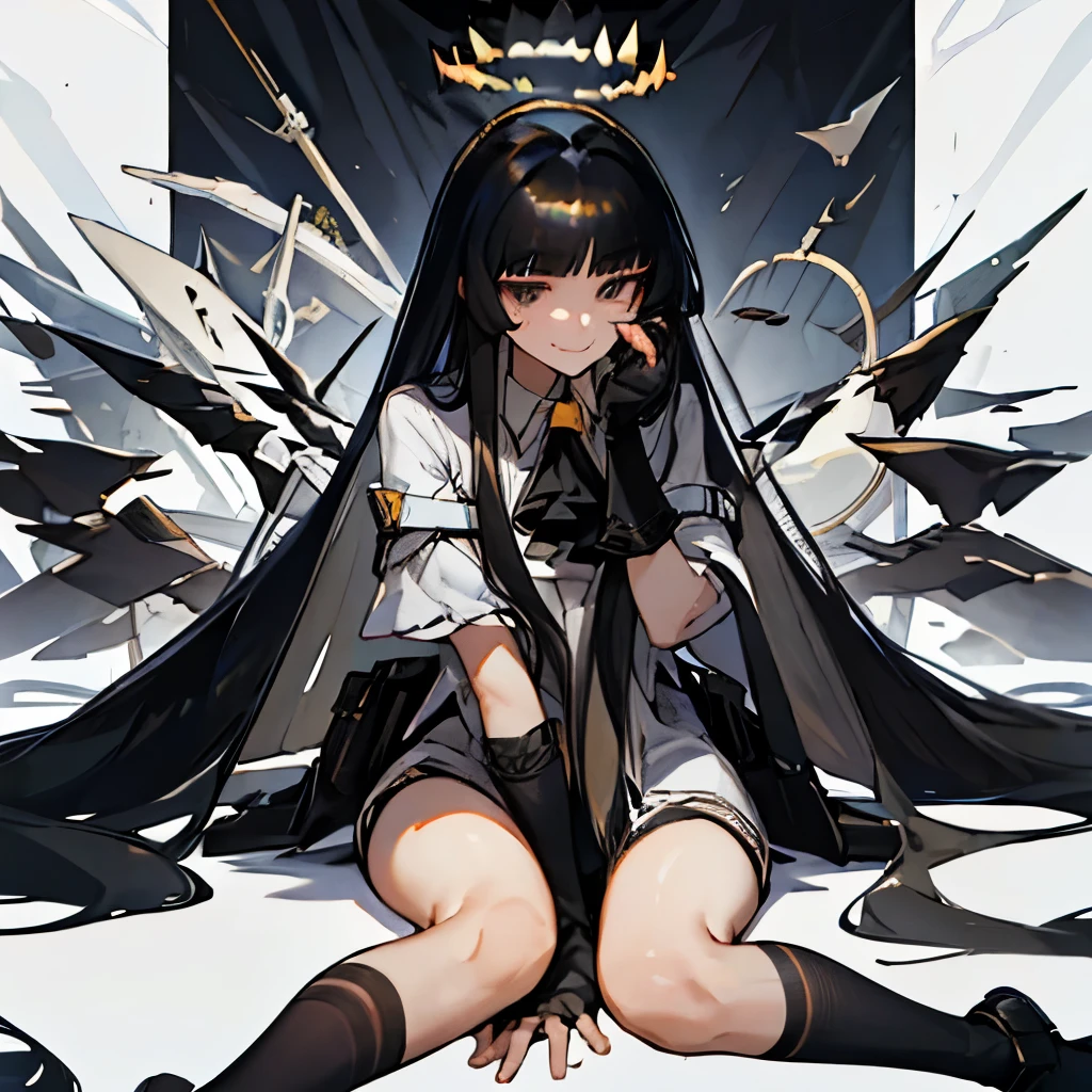 virtuosa_arknights,long_hair, bangs, black_hair, halo, smile, closed_mouth, ascot, very_long_hair, wings, black_eyes, blunt_bangs, masterpiece,no errors, perfect face, perfect body,2 arms,2legs,w sitting, sitting on ground,arms between legs,hands between legs,five fingers each hand,clear hands, perfect hands,