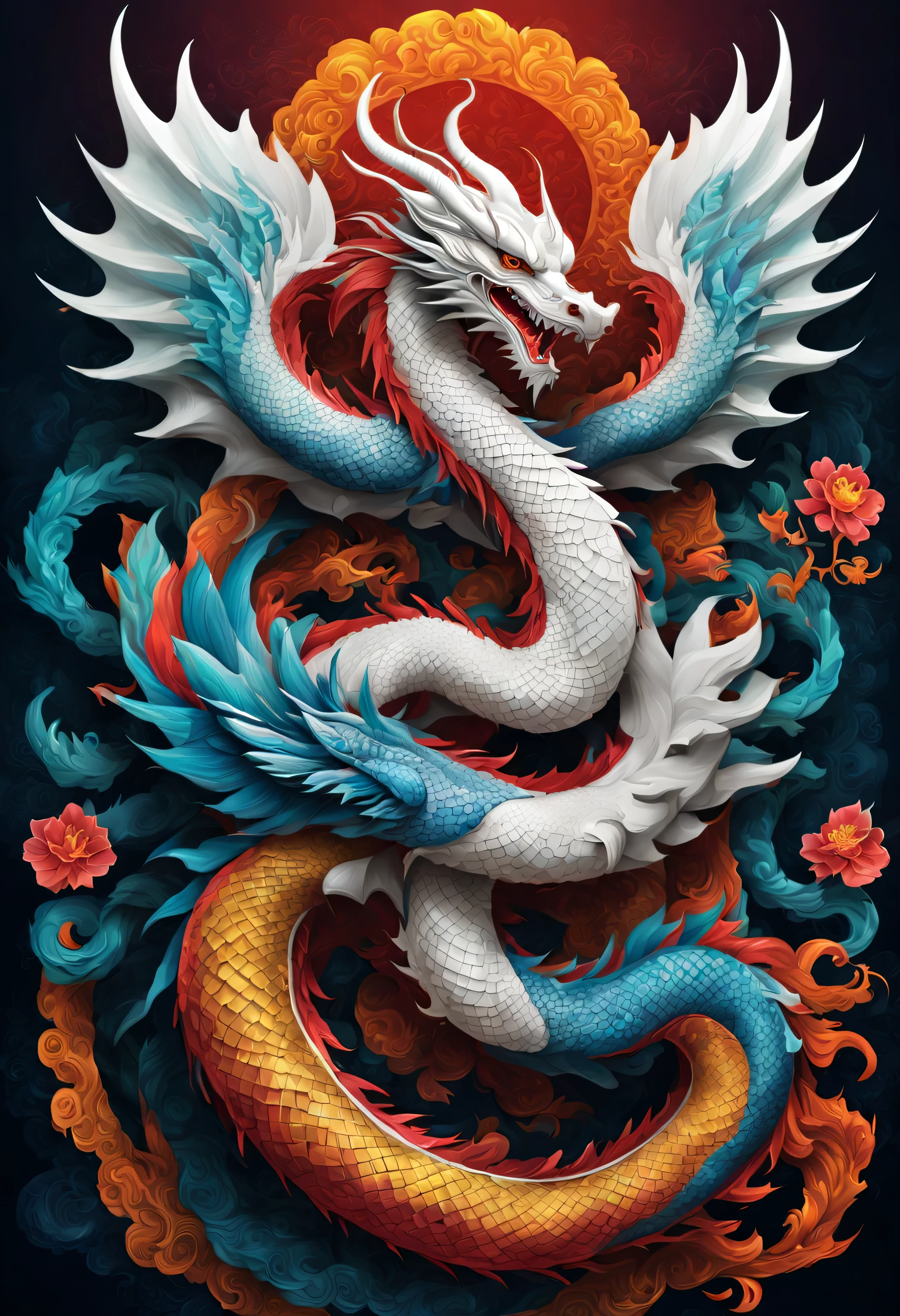 You are a famous totem designer,and was commissioned to create a colorful dragon graphic design image. Use graphic design to create colorful dragon totems. Include some backgrounds for impressive effects,Make it look textured.design totem.with a simple background.hyper HD, ultra - detailed.Chinese.auspicious.Auspicious style(Super quality,Super meticulous,super complex,extremly intricate)White Dragon.drank.Chengxiang..