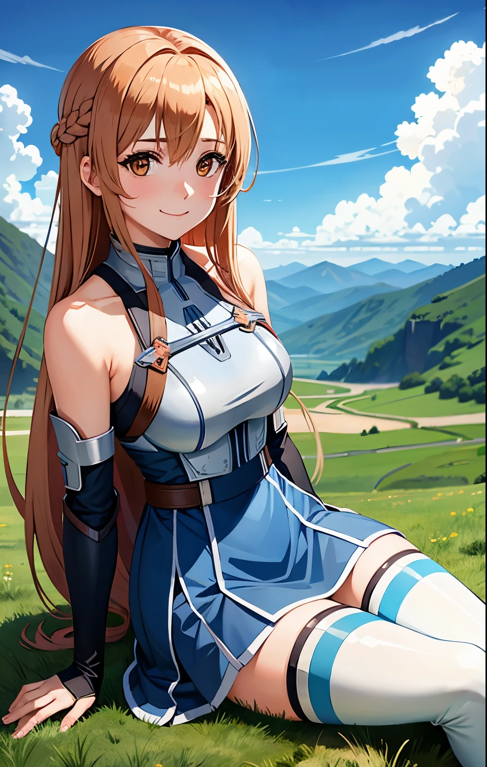 1girl, asuna_\(sao\), bangs, bare_shoulders, blue_sky, blush, boots, braid, breastplate, breasts, brown_eyes, closed_mouth, cloud, cloudy_sky, day, detached_sleeves, grass, hair_between_eyes, long_hair, looking_at_viewer, mountain, outdoors, rock, sitting, skirt, sky, smile, solo, thighhighs, very_long_hair, big 