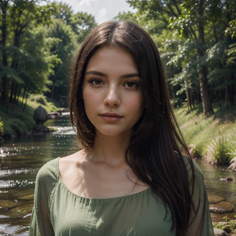 “A double exposure portrait combining a young woman and a serene landscape. The first layer should feature a close-up of the woman’s face, with soft, warm lighting highlighting her gentle expression. The second layer should overlay a peaceful, verdant landscape, with elements of nature like trees and a flowing river subtly merging with her features. The overall mood is dreamy and ethereal, with a tranquil color palette dominated by soft greens and natural tones.”