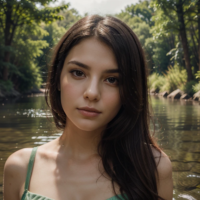 “A double exposure portrait combining a young woman and a serene landscape. The first layer should feature a close-up of the woman’s face, with soft, warm lighting highlighting her gentle expression. The second layer should overlay a peaceful, verdant landscape, with elements of nature like trees and a flowing river subtly merging with her features. The overall mood is dreamy and ethereal, with a tranquil color palette dominated by soft greens and natural tones.”