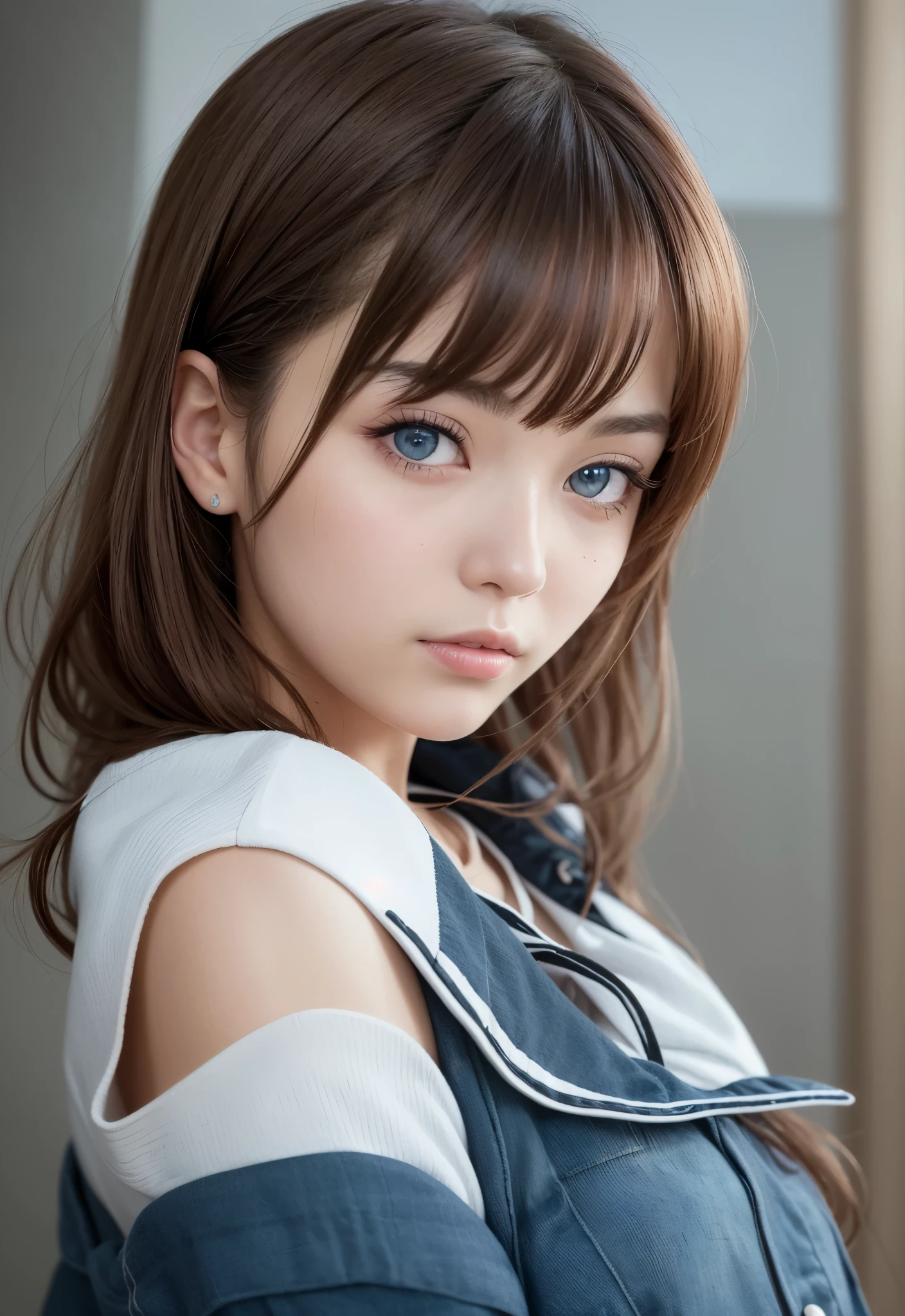 sailor suit、school uniform、A beautiful girl in the world、shiny glossy skin、sparkle on the cheeks、bangs between the eyes、光沢のあるシルクと非常に長くてまっすぐなbeautiful天然ブロンド、eyeliner、Sexy and beautiful 35 years old、High resolution, big, beautiful, bright light blue eyes、Beautiful and bright girl、sharp、