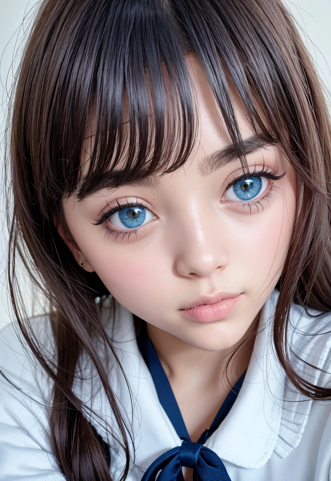 sailor suit、school uniform、A beautiful girl in the world、Glossy skin、sparkle on the cheeks、bangs between the eyes、光沢のあるシルクと非常に長くてまっすぐなbeautiful天然ブロンド、eyeliner、Sexy and beautiful 30 years old、High resolution, big, beautiful, bright light blue eyes、Beautiful and bright girl、sharp、