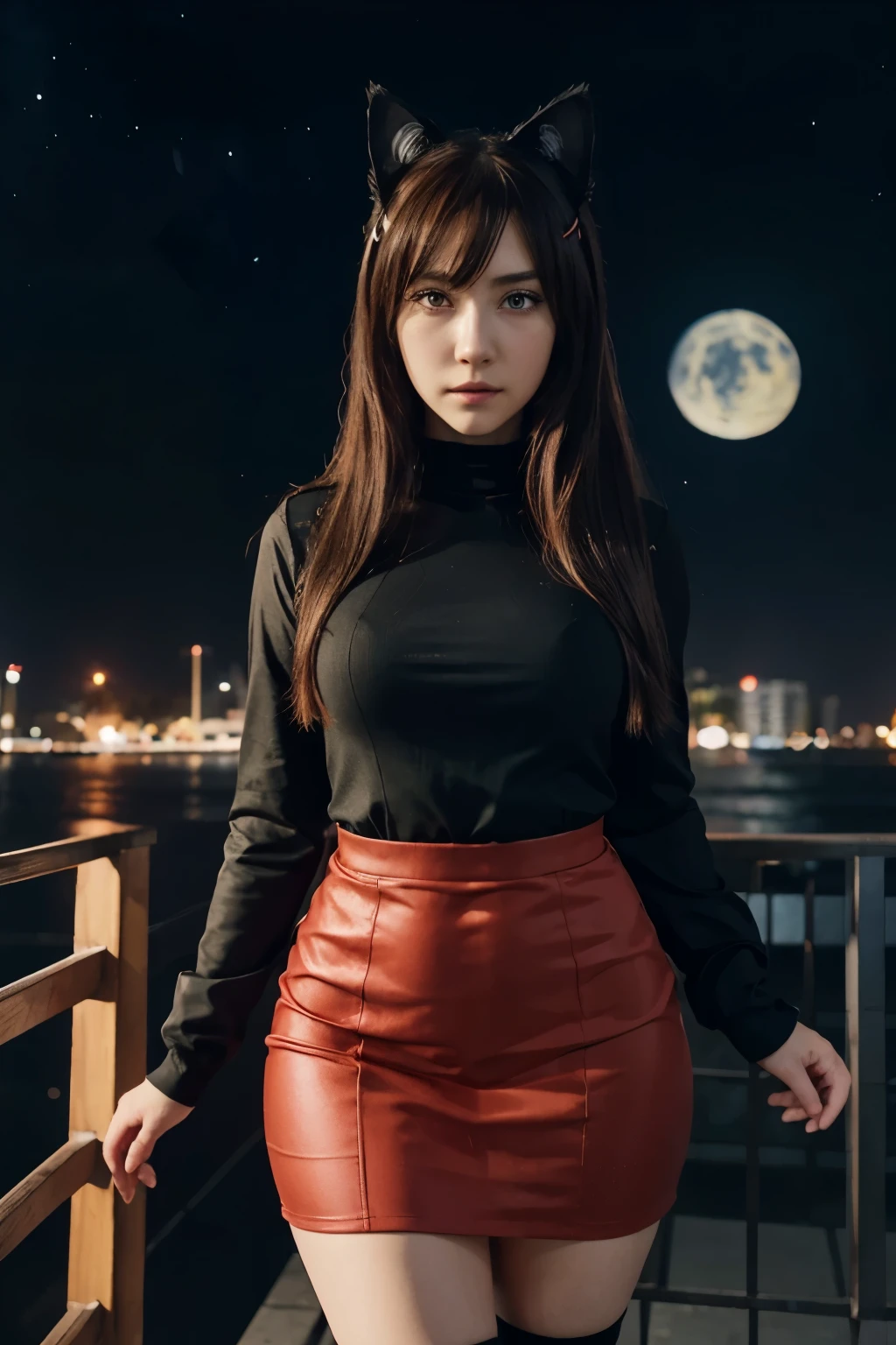 Anime cat ears girl in red tight dress, weibliche Kurven, feuerrote Haare, digitale Anime-Illustration, Kawashi, Illustration im Anime-Stil, Anime-Stil 4K, beautiful anime portrait, anime style portrait, Kunstwerk im Anime-Stil, Kunstwerk im Guweiz-Stil, Anime-Illustration, digitale Anime-Kunst, Detailed digitale Anime-Kunst, beautiful starry sky, ((Beautiful night view))