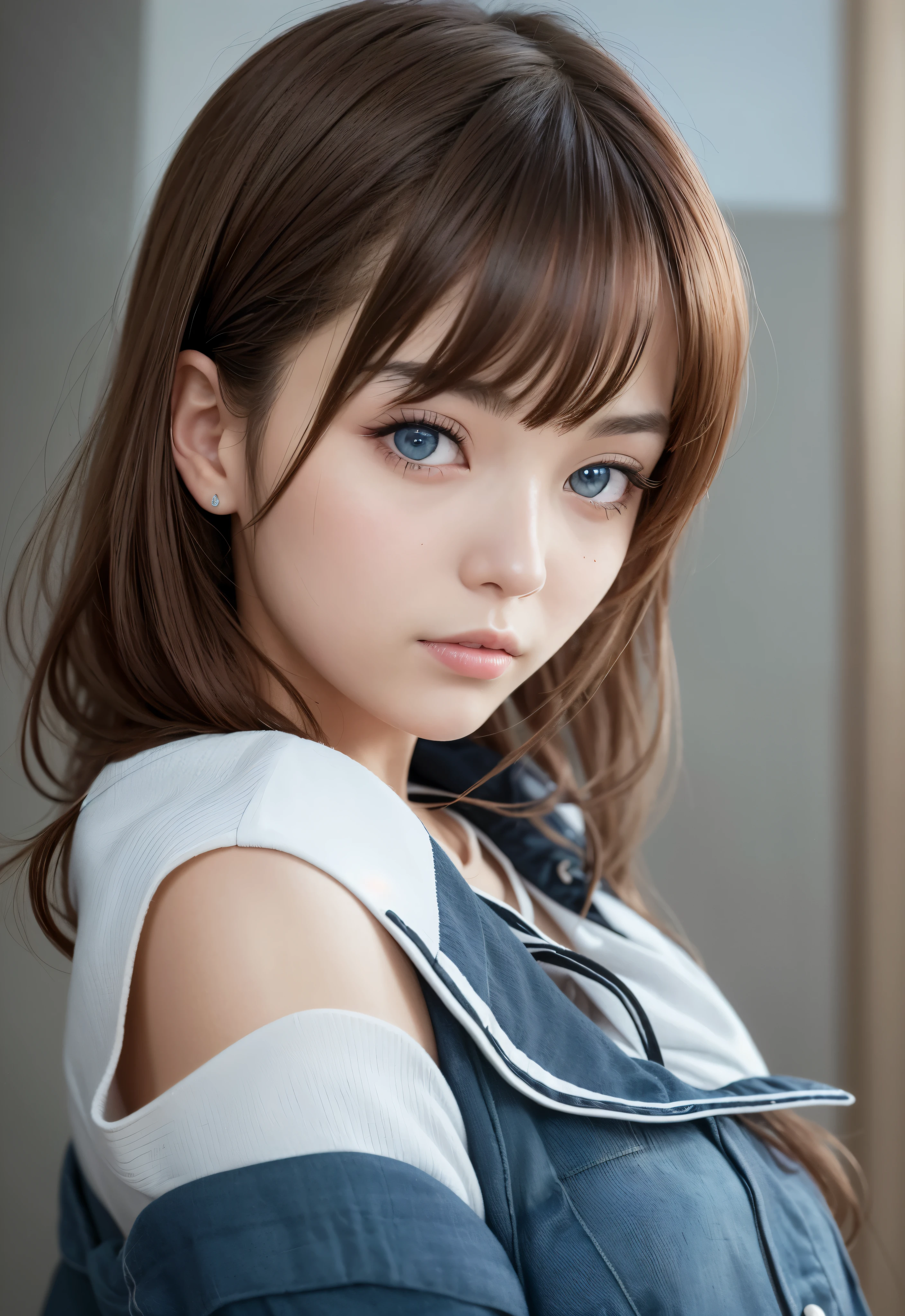 sailor suit、school uniform、A beautiful girl in the world、Glossy skin、sparkle on the cheeks、bangs between the eyes、光沢のあるシルクと非常に長くてまっすぐなbeautiful天然ブロンド、eyeliner、Sexy and beautiful 35 years old、High resolution, big, beautiful, bright light blue eyes、Beautiful and bright girl、sharp、