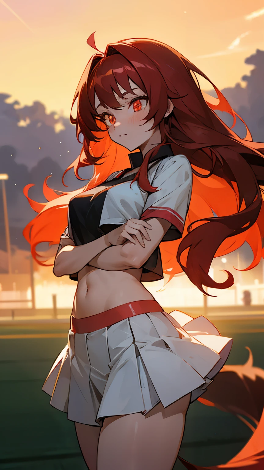 Anime girl, 1 anime girl, black and red hair, golden eyes, double tail hair, golden pupils, glowing eyes, thick hair, blown by the wind, crop top, skirt, blush, sunlight, starlight, stars, night, School sports field landscape, white skin, red and white sport outfit, beautiful