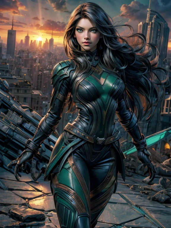 (best quality,highres,masterpiece:1.2),ultra-detailed,realistic,x-men rogue on the ground,talented mutant with stunning looks,leather outfit,tousled hair,confident expression,green eyes,fierce lips,mysterious allure,powerful stance,dynamic pose,cityscape background,shattered glass,beautiful sunset,intense lighting,dramatic atmosphere,emerald green tone,vibrant colors