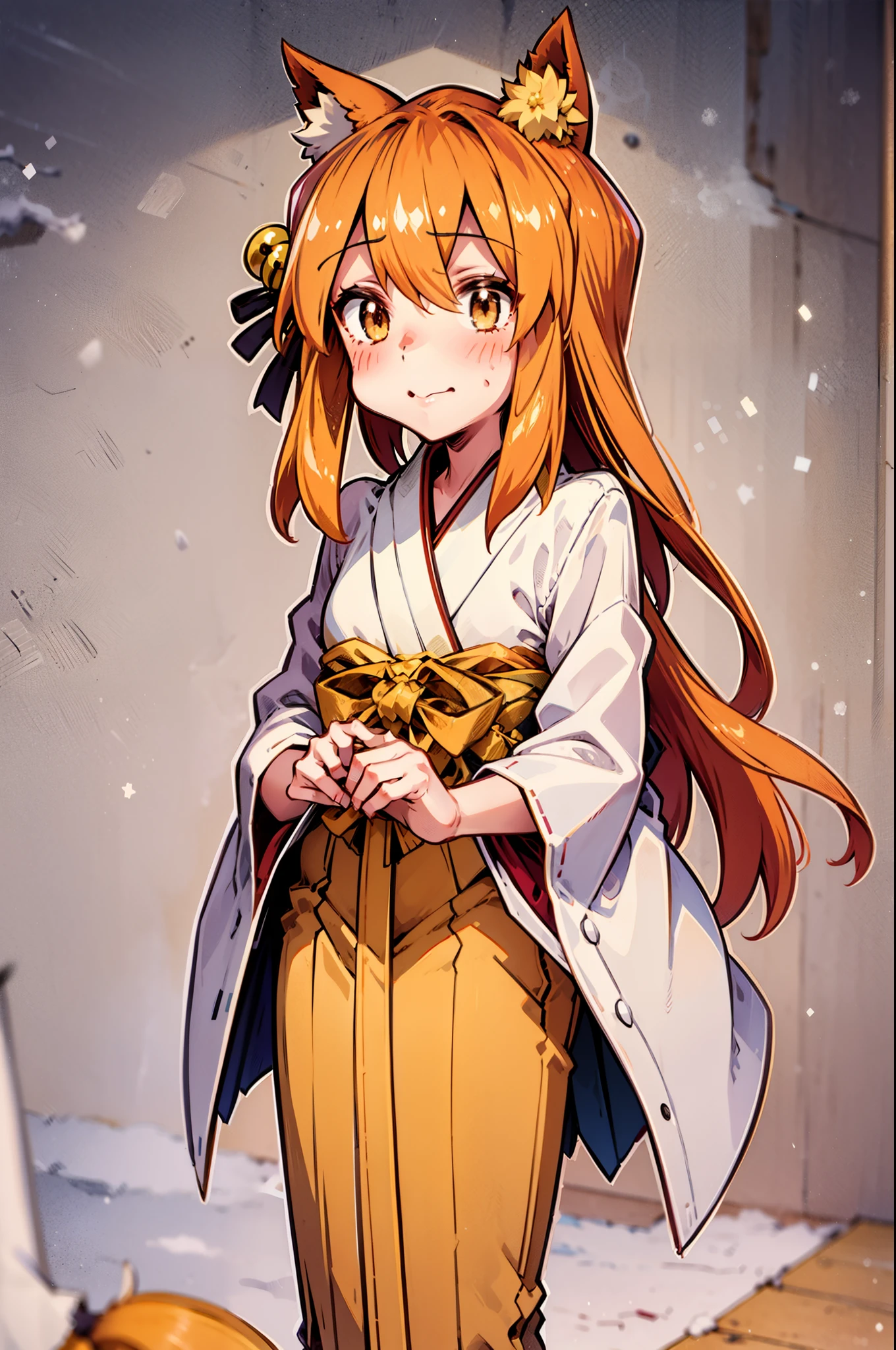 Masterpiece, best quality, perfect lighting, 1girl, solo, suzu, fox ears, fox tail, brown eyes, orange hair, yellow miko kimono, bell hair ornament, medium hair, ahoge, hair between eyes, standing, smile, winter, snow, nighttime, snowing, looking at viewer, (cold breath:1.4), (jitome:1),, standing, flipflops, full body