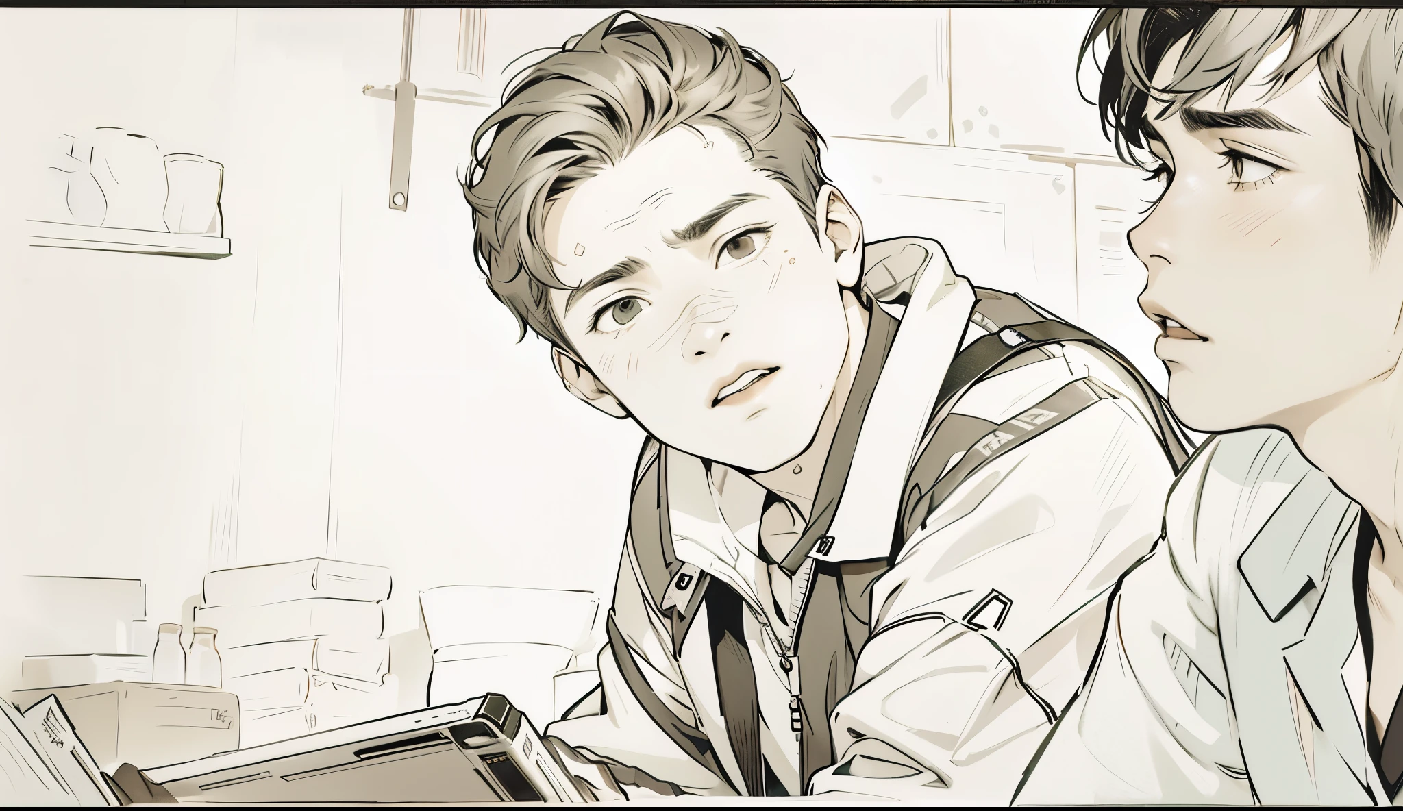 There are two handsome -yeld bo one of them looks at the other and asks him if something is wrong and if he is okay.