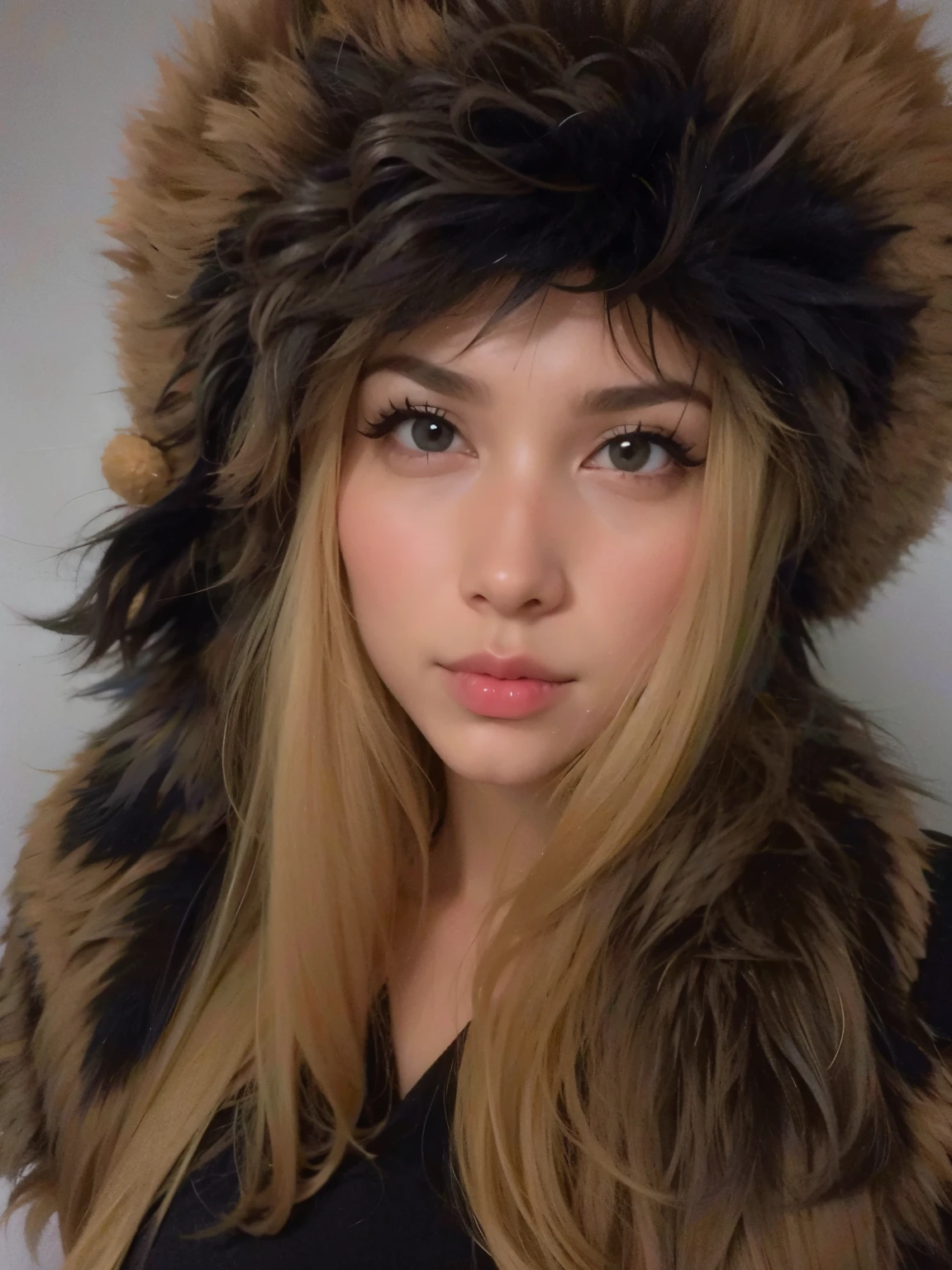 arafa woman wearing a furry hat and a black shirt, capuz de pele, face like exposed ester, muito pelo, foto de perfil, pele loirar, imagem de perfil, imagem de perfil, pele loira, wolfgirl, cara peluda, headshot of young female furry, inspirado em Ksenia Milicevic, Yelena Belova, pelo marrom, traje de pele