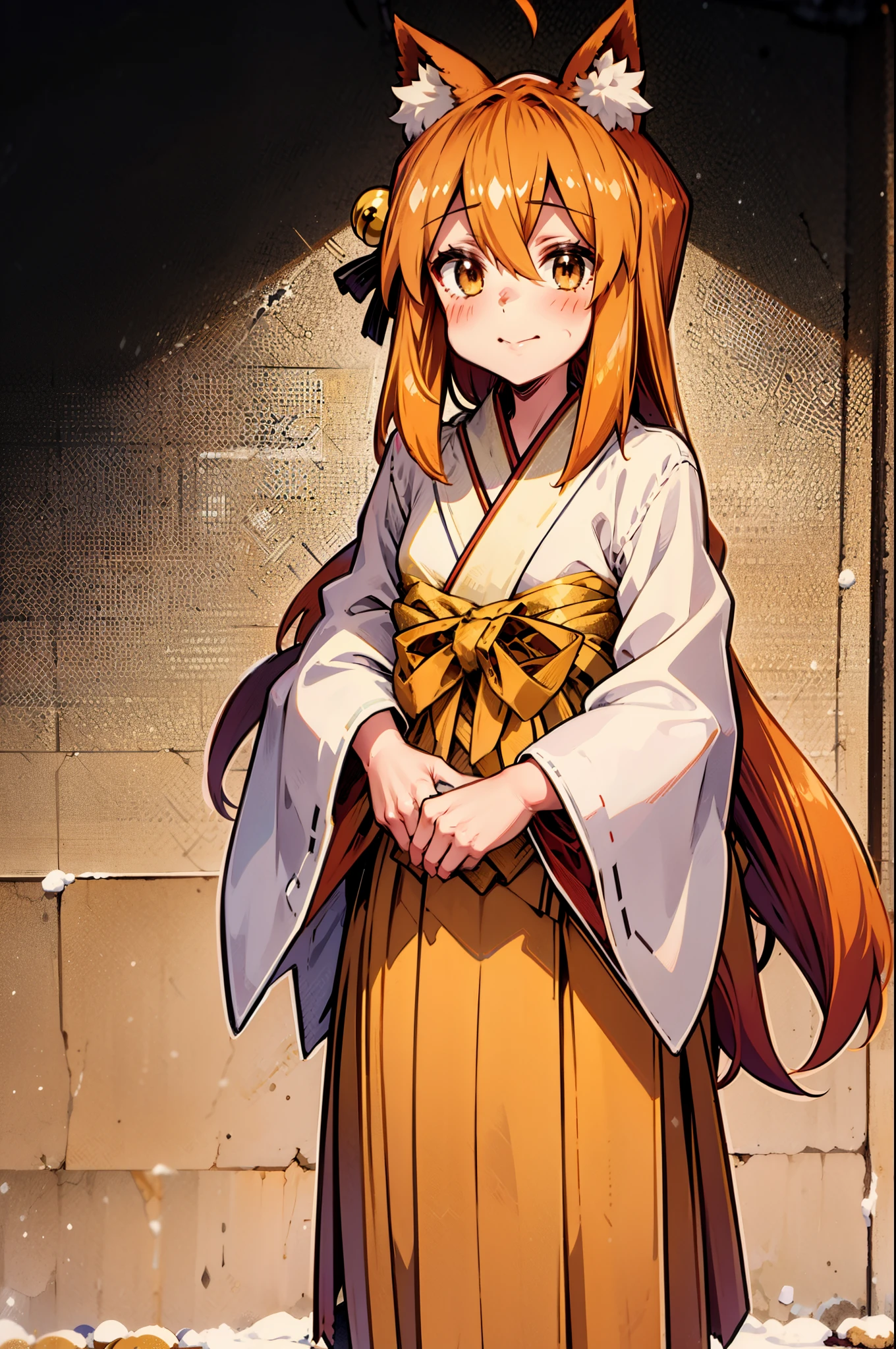 Masterpiece, best quality, perfect lighting, 1girl, solo, suzu, fox ears, fox tail, brown eyes, orange hair, yellow miko kimono, bell hair ornament, medium hair, ahoge, hair between eyes, standing, smile, winter, snow, nighttime, snowing, looking at viewer, (cold breath:1.4), (jitome:1),, standing, flipflops, full body