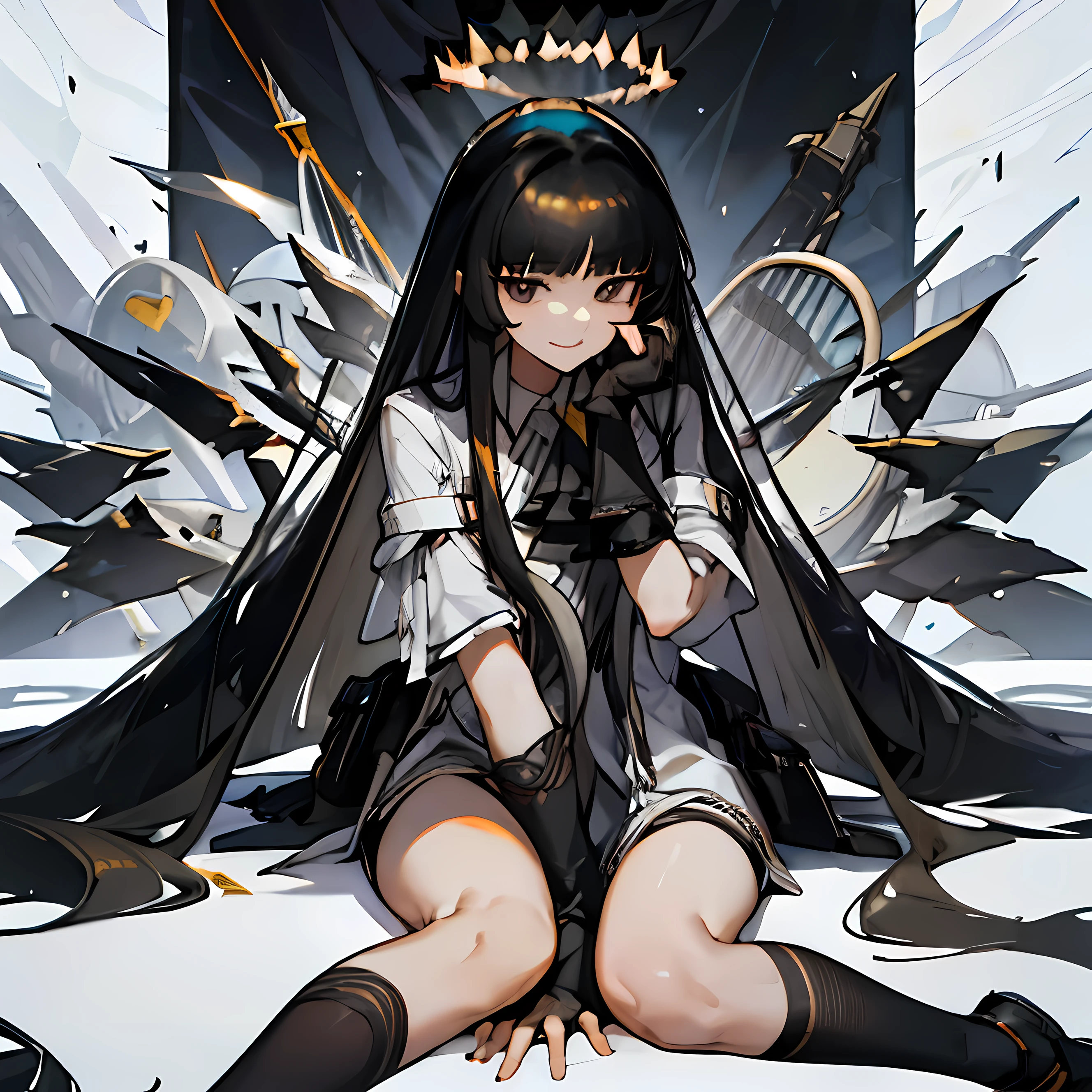 vertueux_chevaliers,long_Cheveux, frange, noir_Cheveux, Halo, sourire, closed_bouche, Ascot, very_long_Cheveux, Ailes, noir_yeux, blunt_frange, chef-d'artwork,aucune erreur, visage parfait, corps parfait,2 bras,2 pattes,je suis assis, assis par terre,bras entre les jambes,mains entre les jambes,cinq doigts chaque main,mains claires, des mains parfaites,