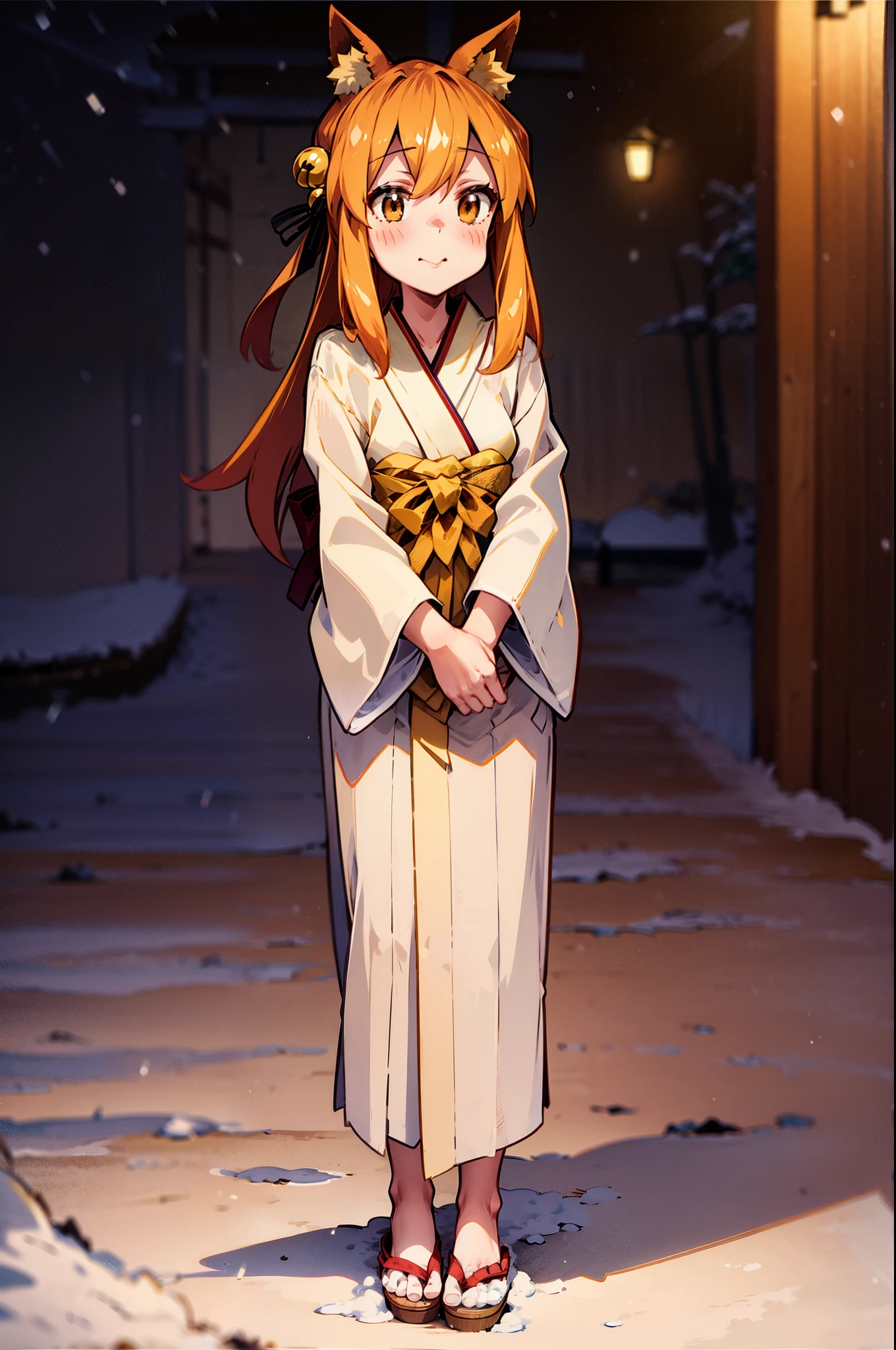 Masterpiece, best quality, perfect lighting, 1girl, solo, suzu, fox ears, fox tail, brown eyes, orange hair, yellow miko kimono, bell hair ornament, medium hair, ahoge, hair between eyes, standing, smile, winter, snow, nighttime, snowing, looking at viewer, (cold breath:1.4), (jitome:1),, standing, flipflops, full body