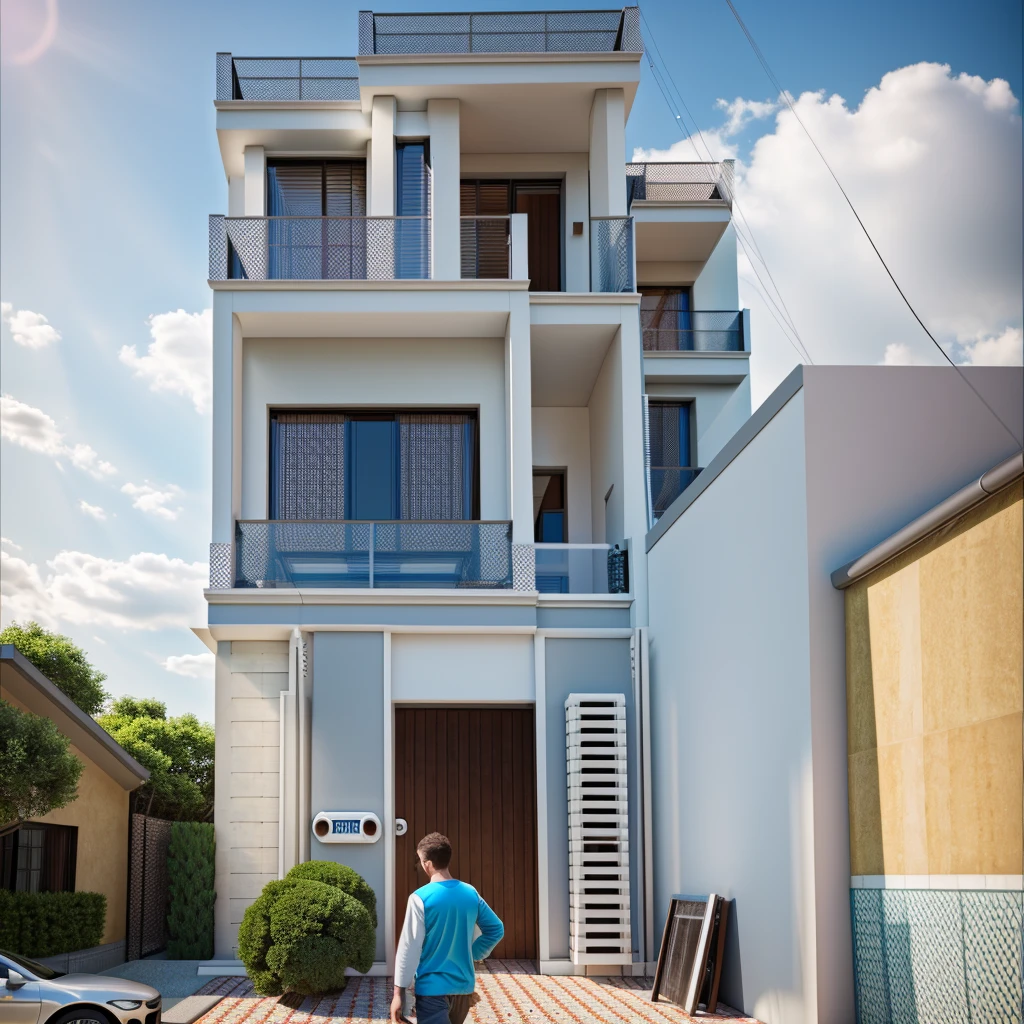 Modern townhouse, combining neoclassical style, street, car running in front of the house, (LoGo:1.5 not appearing), Modern Style, Extremely detailed image, masterpiece, surreal, rendered by vray 2023, 8k rendering, White walls, aluminum glass doors and windows, large yard covered with ceramic tiles, Natural light, cloudy, daytime a few clusters of beautiful small flower pots 8K