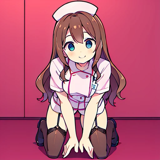 muste piece、super detailed、High quality、masterpiece、highest quality, 1 girl, light brown hair:1.5、wavy long hair、brown eyes、alone、kneel、Sexy Nurse、garter belt、garter stockings、cross mark nurse cap、bewitching smile、{{pink background、 background:1.8}}、Full body Esbian、icon、