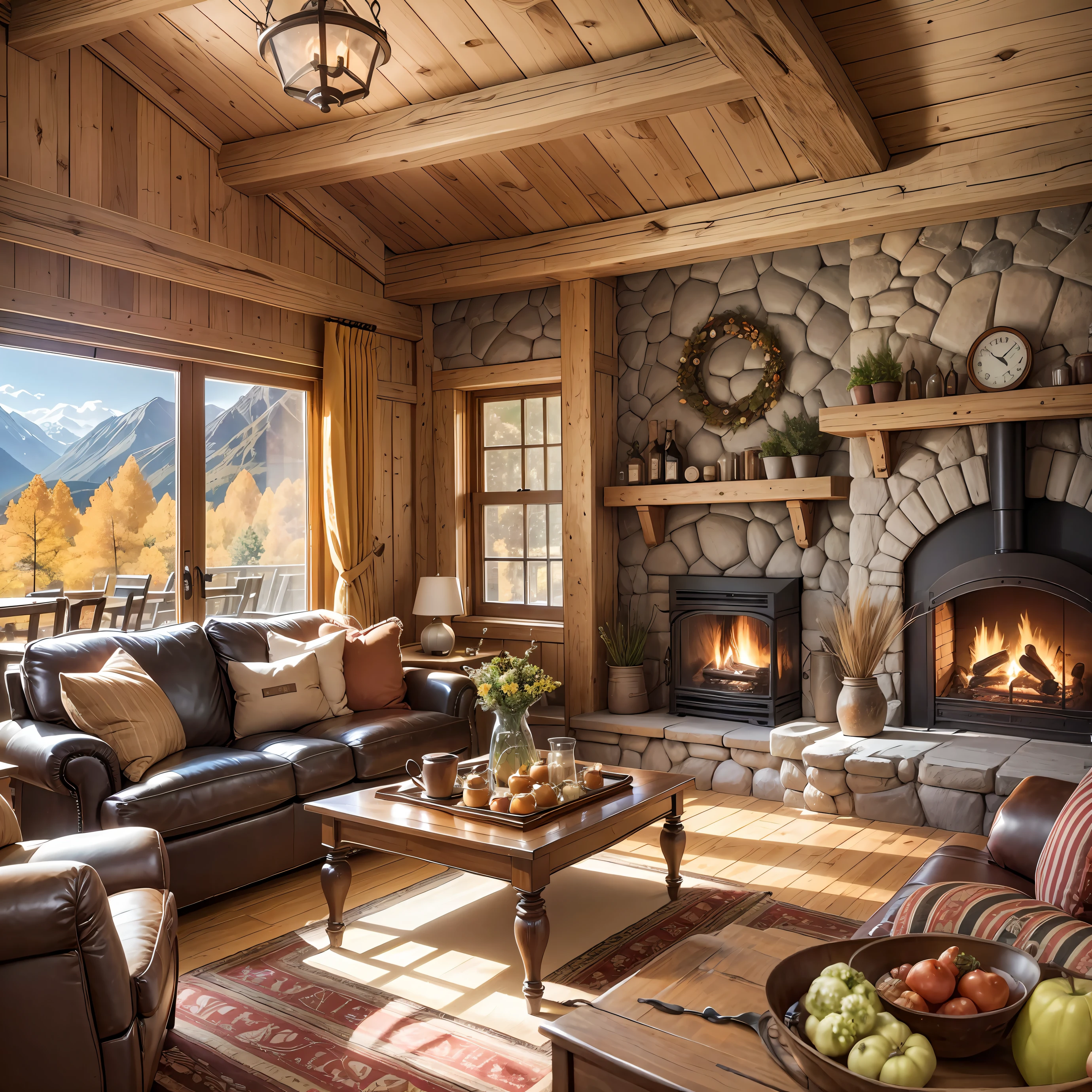 Un salon au mobilier classique et cosy, inspiré des chalets, dans le style rustique, avec une cheminée, fenêtres en verre avec un paysage automnal à l'extérieur, photo réaliste avec air de cafétéria --auto --s2