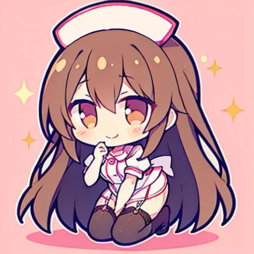 muste piece、super detailed、High quality、masterpiece、highest quality, 1 girl, light brown hair:1.5、wavy long hair、brown eyes、alone、kneel、Sexy Nurse、garter belt、garter stockings、cross mark nurse cap、bewitching smile、{{pink background、 background:1.8}}、Full body Esbian、icon、