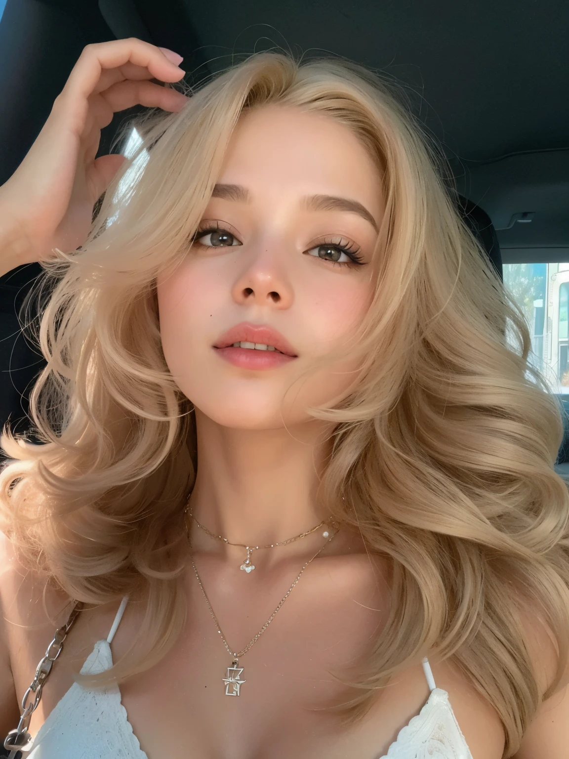 mulher loira com cabelos longos em um carro com um colar, uma garota com cabelo loiro, pele clara cabelo loiro cacheado, com longos cabelos loiros, cabelo loiro claro longo e cacheado, morena com cabelos tingidos de loiro, longos cabelos loiros e olhos grandes, cabelo loiro muito claro, cabelo loiro extremamente claro, cabelo loiro cacheado, Cabelos loiros com destaques cor-de-rosa