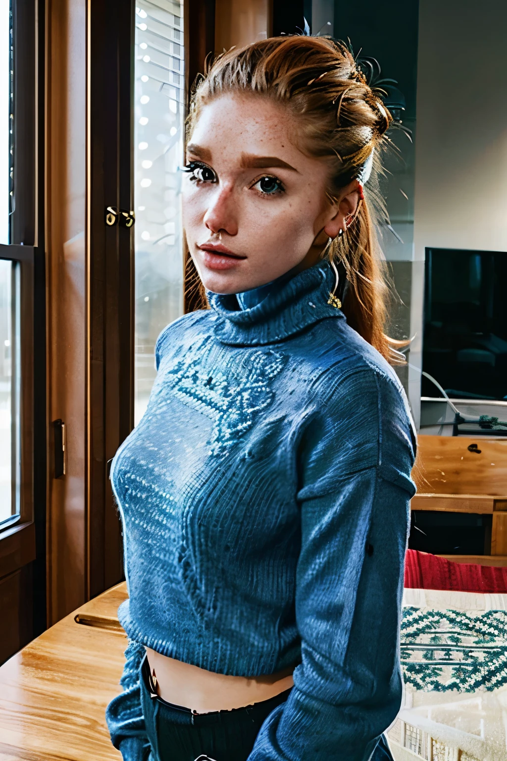 soularouge, a woman, (freckles:0.4), wearing turtleneck sweater 