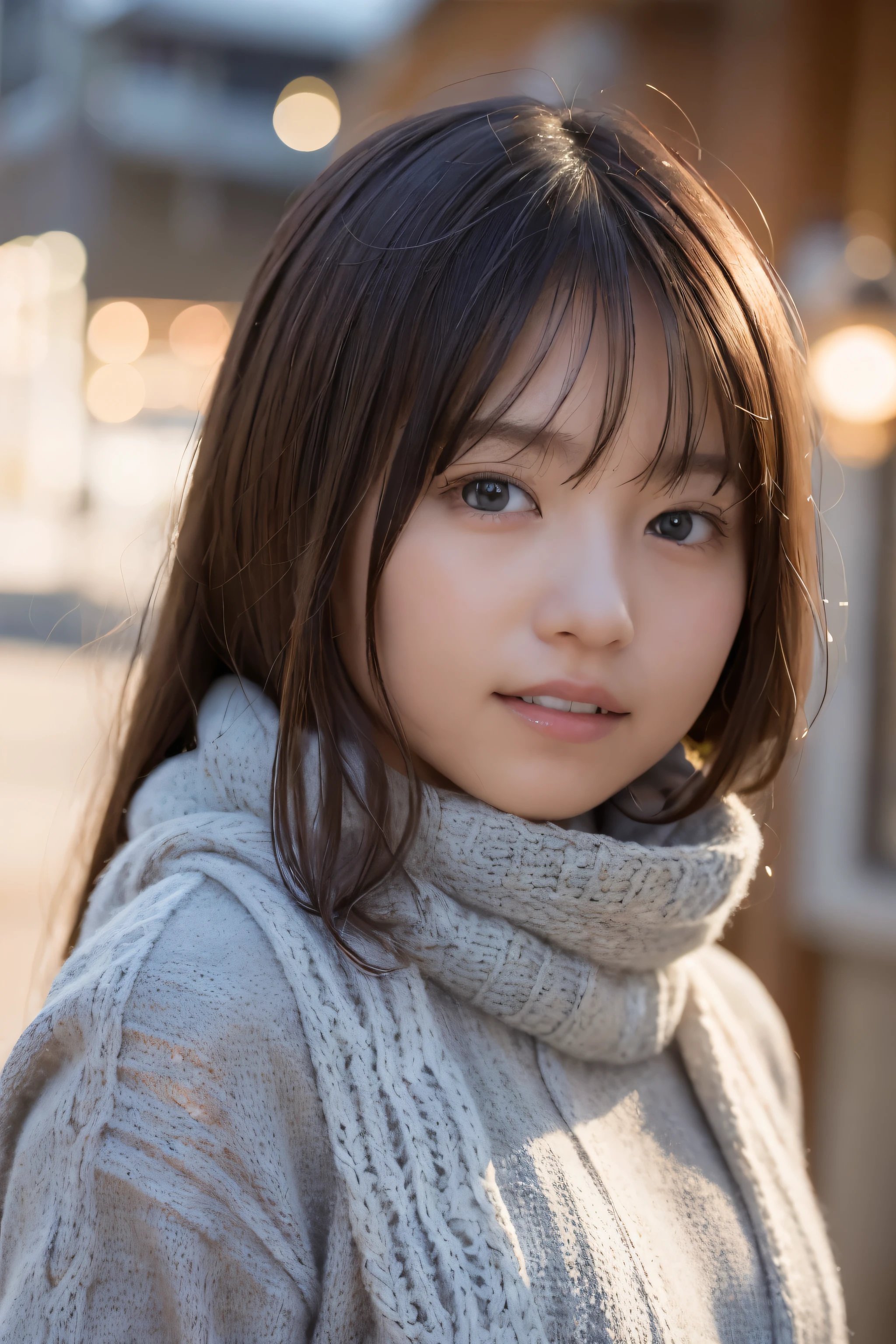 fantasy art, photorealism, dynamic lighting, art station, poster, volume lighting, highly detailed face, (official uniform: 1.4), long hair, sweater, delicate clavicle, bare shoulders, plump breasts、((no makeup、close your mouth:1.2))、(realistic、Photoreal、Super detailed、best detailed skins、highest qualthaty、masterpiece、ultra high resolution)、Cute Russian Woman、17 years old、high school girl、young girl、1 girl、have bangs、ash blonde:1.7、double eyelid、drooling eyes、Japanese style face、purthaty、double teeth、realistic肌タイプ、thick muffler、Grey muffler、fluffy hair、((hair is inside the scarf:1.3))、red cheeks、the wind is blowing、that'It's snowing、night、illumination、An innocent smile illuminated from behind、smile、snow scene、that'It's snowing