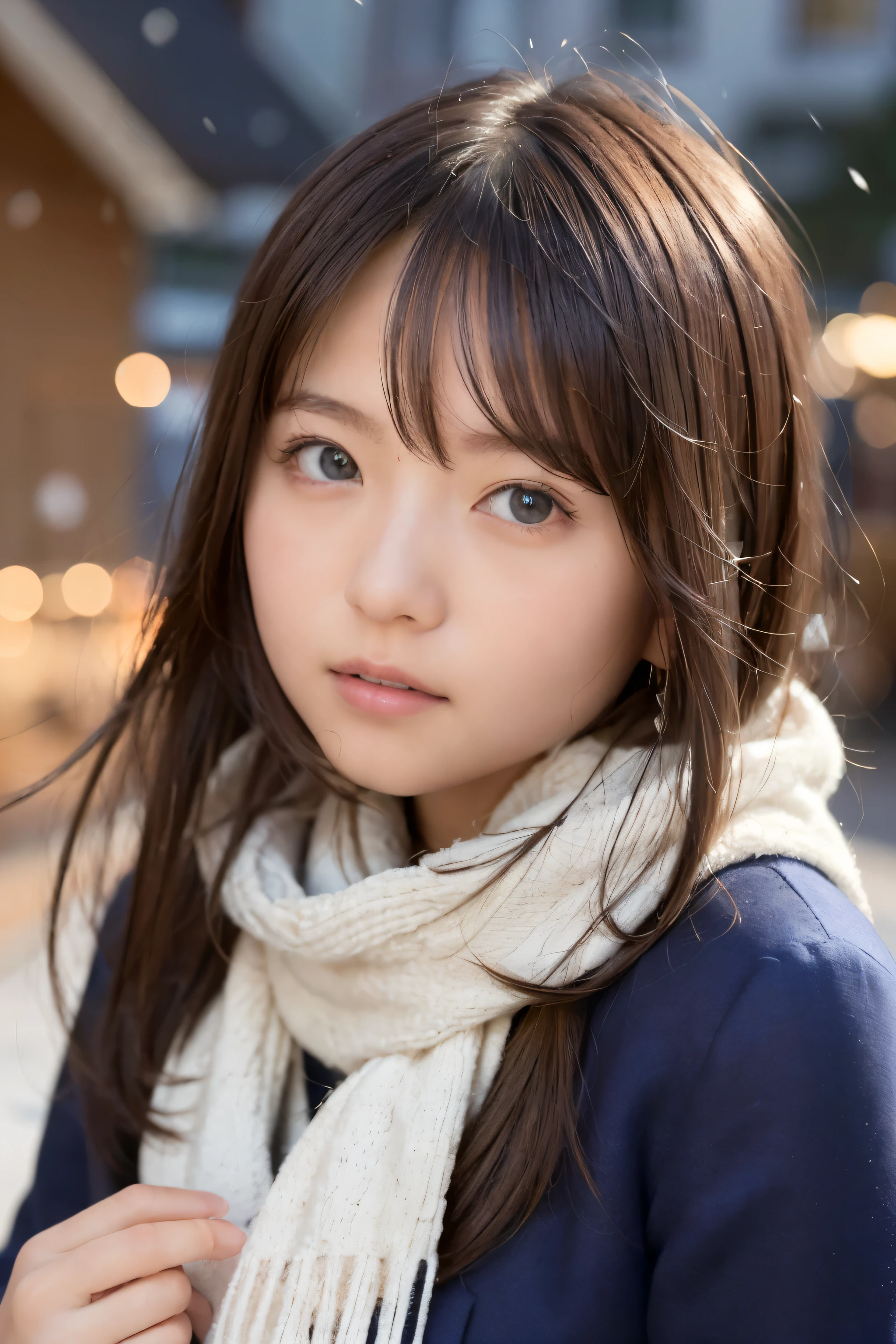 fantasy art, photorealism, dynamic lighting, art station, poster, volume lighting, highly detailed face, (official uniform: 1.4), long hair, sweater, delicate clavicle, bare shoulders, plump breasts、((no makeup、close your mouth:1.2))、(realistic、Photoreal、Super detailed、best detailed skins、highest qualthaty、masterpiece、ultra high resolution)、Cute Russian Woman、17 years old、high school girl、young girl、1 girl、have bangs、ash blonde:1.7、double eyelid、drooling eyes、Japanese style face、purthaty、double teeth、realistic肌タイプ、thick muffler、Grey muffler、fluffy hair、((hair is inside the scarf:1.3))、red cheeks、the wind is blowing、that&#39;It&#39;s snowing、night、illumination、An innocent smile illuminated from behind、smile、snow scene、that&#39;It&#39;s snowing