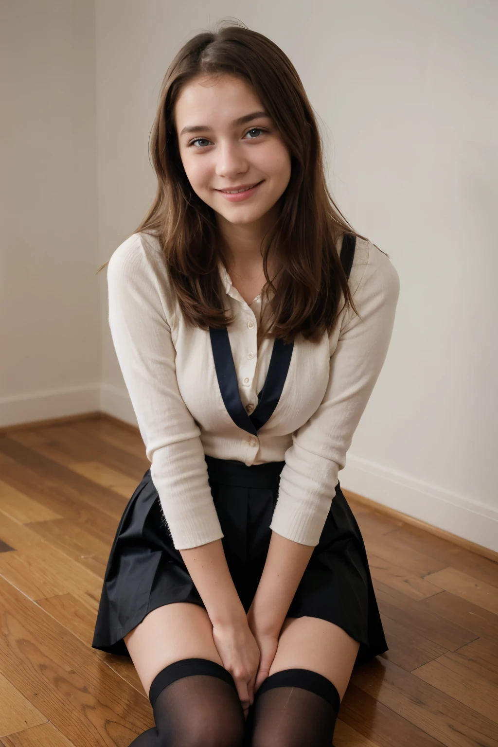 beautiful 14 years old smiling girl, over-the-knee skirt, blue eyes, 1m65, 45kg, tights