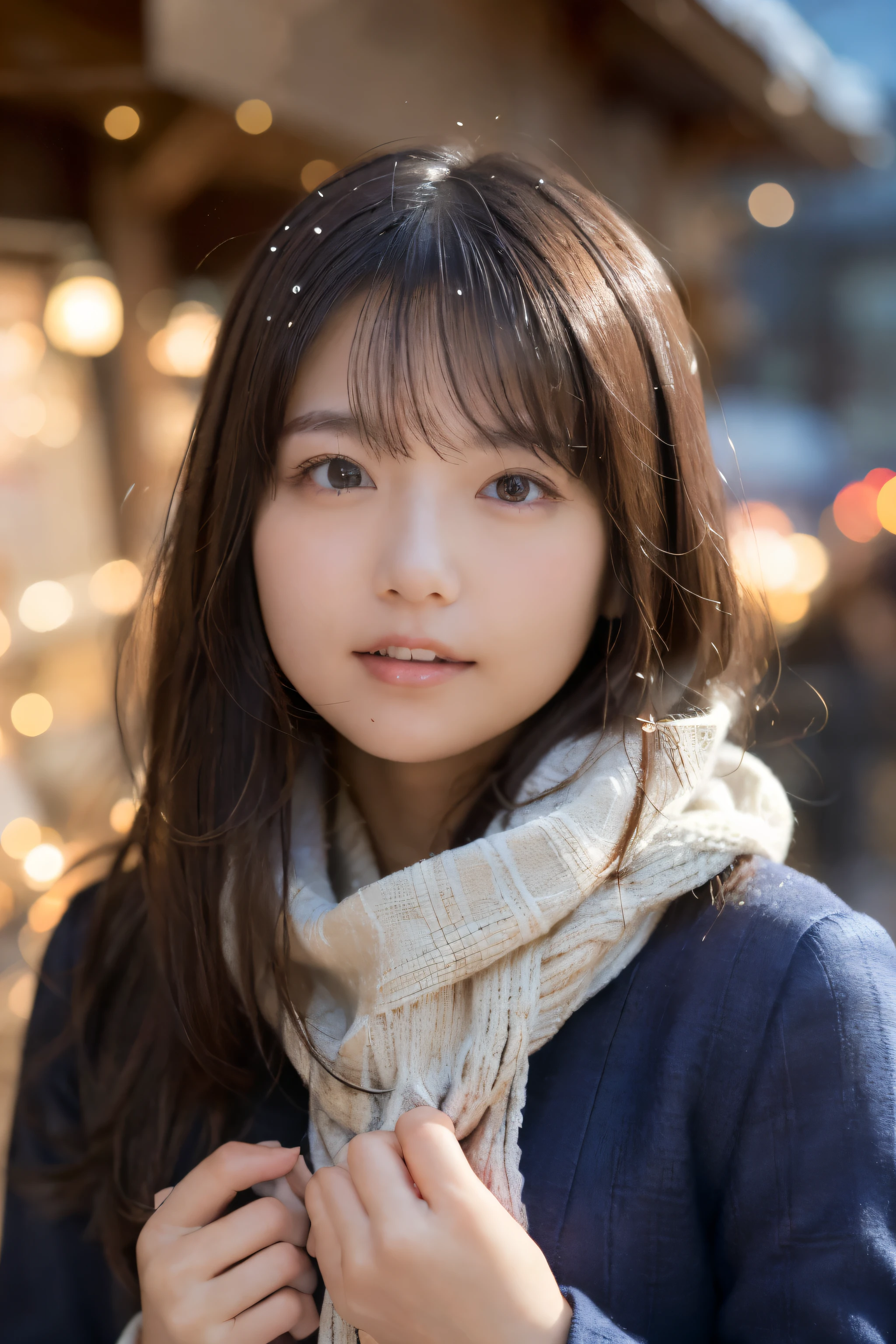fantasy art, photorealism, dynamic lighting, art station, poster, volume lighting, highly detailed face, (official uniform: 1.4), long hair, sweater, delicate clavicle, bare shoulders, plump breasts、((no makeup、close your mouth:1.2))、(realistic、Photoreal、Super detailed、best detailed skins、highest qualthaty、masterpiece、ultra high resolution)、Cute Russian Woman、、high school girl、young girl、1 girl、have bangs、ash blonde:1.7、double eyelid、drooling eyes、Japanese style face、purthaty、double teeth、realistic肌タイプ、thick muffler、Grey muffler、fluffy hair、((hair is inside the scarf:1.3))、red cheeks、the wind is blowing、that'It's snowing、night、illumination、An innocent smile illuminated from behind、smile、snow scene、that'It's snowing