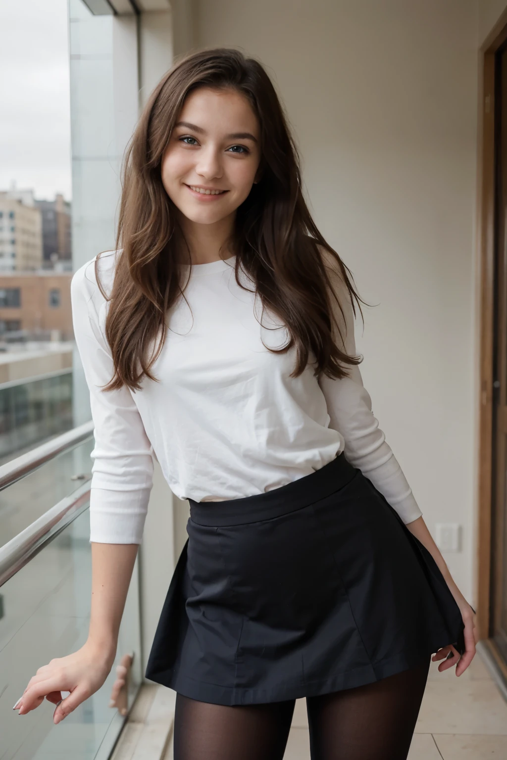 beautiful smiling girl, over-the-knee skirt, blue eyes, 1m65, 45kg, tights, full body