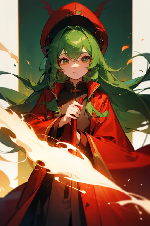 red hat、red long leather coat、long hair、Deep green hair、26 years old、fantasy、eyes are long、long eyelashes、highest quality、masterpiece、fire wizard、