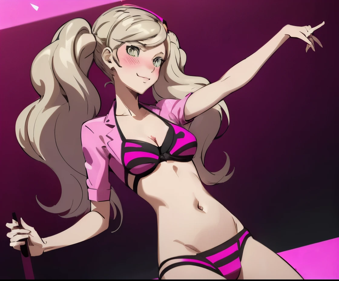 absurd resolution, high resolution, (Meisterwerk: 1.4), Hyper-Detail, A girl , Ann Takamaki aus Persona 5 im einem pinken bikini, Sporthalle, Blush, sweet, seductive, bikini, Smile, verliebt, hole body, happy body gestures , pinke Socken , normalen pinken Bikini, bikini pink, eine person,