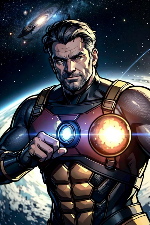 (best quality, masterpiece:1.2), 8k detailed cgi render, thick outlines, strong shadows, (1man, British male:1.2), wise, graying hair,
looking at viewer, solo, upper body, detailed background, close up, ( RetroFuturismAI, retro-futurism theme:1.1), superhero, smug smile, fighting stance, outer space, stars, planet, weightless, flying, floating particles, cinematic atmosphere,