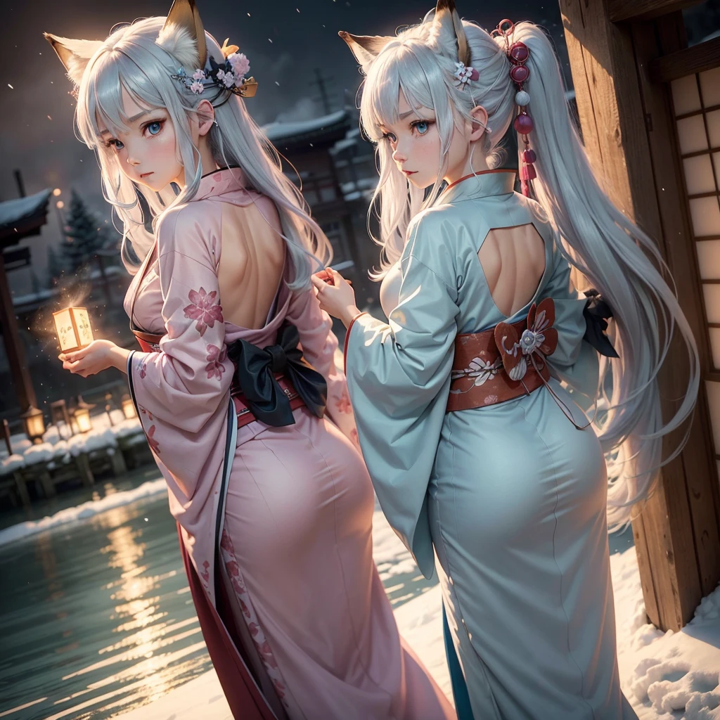 (High Detail CG Unity 16k wallpaper:1.1), (Noise reduction strength:1.45), (masterpiece:1.37), original, (andても上品で美しい), (perfect details), (Unity CG8K Wallpaper:1.05), (beautiful clear background:1.25), (one pretty girl (2 fox ears:0.9) and (fox tail on the back:1.2) Stand by the river:1.15). (Cute type:1.3), (narrow clean eyes:1.lettie face:1.3), silver hair, silver ears, (pink hair:0.7), (Pink ears:0.7), long hair, (japanese kimono:1.25), (windblown hair:1.1), (blue eyes:1.1), ( girl:1. 1) butterfly flapping its wings, (moonlight:0.6), wood, snow dance, (Winter orientation), (night:1.2), (gloves:0.8), alone, (figure), (Depth of bounds written:0.7), (close :0.35), god's rays, sparks, shining light, (must-have)